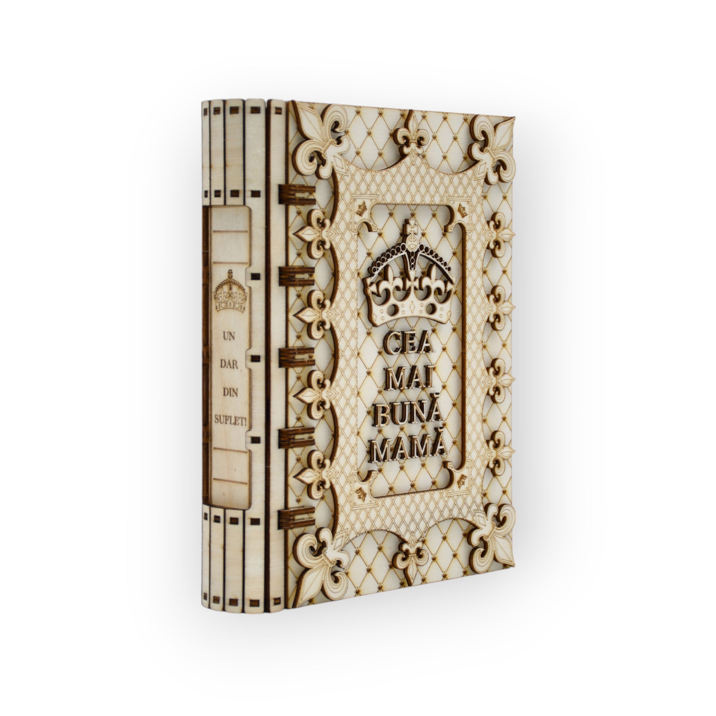 cutie elegantă în formă de carte din lemn – detalii laterale