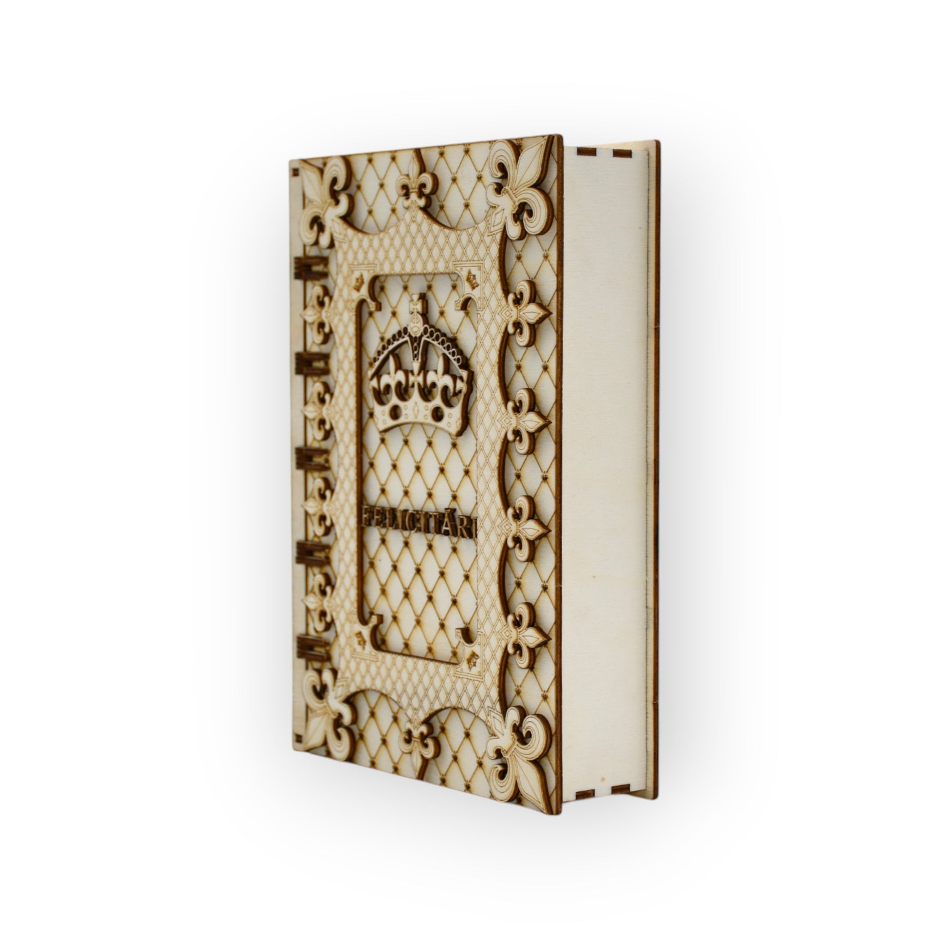 cutie eleganta felicitari cu flori de lis si coroana gravata in lemn


