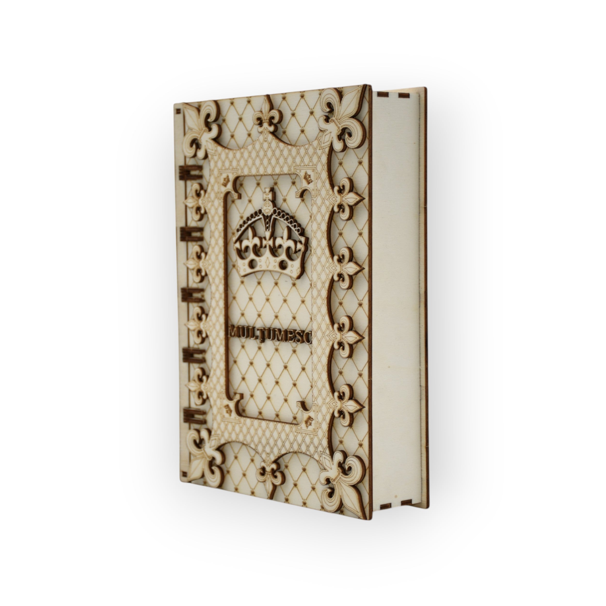 cutie decorativă „Mulțumesc” – model floral și coroană regală

