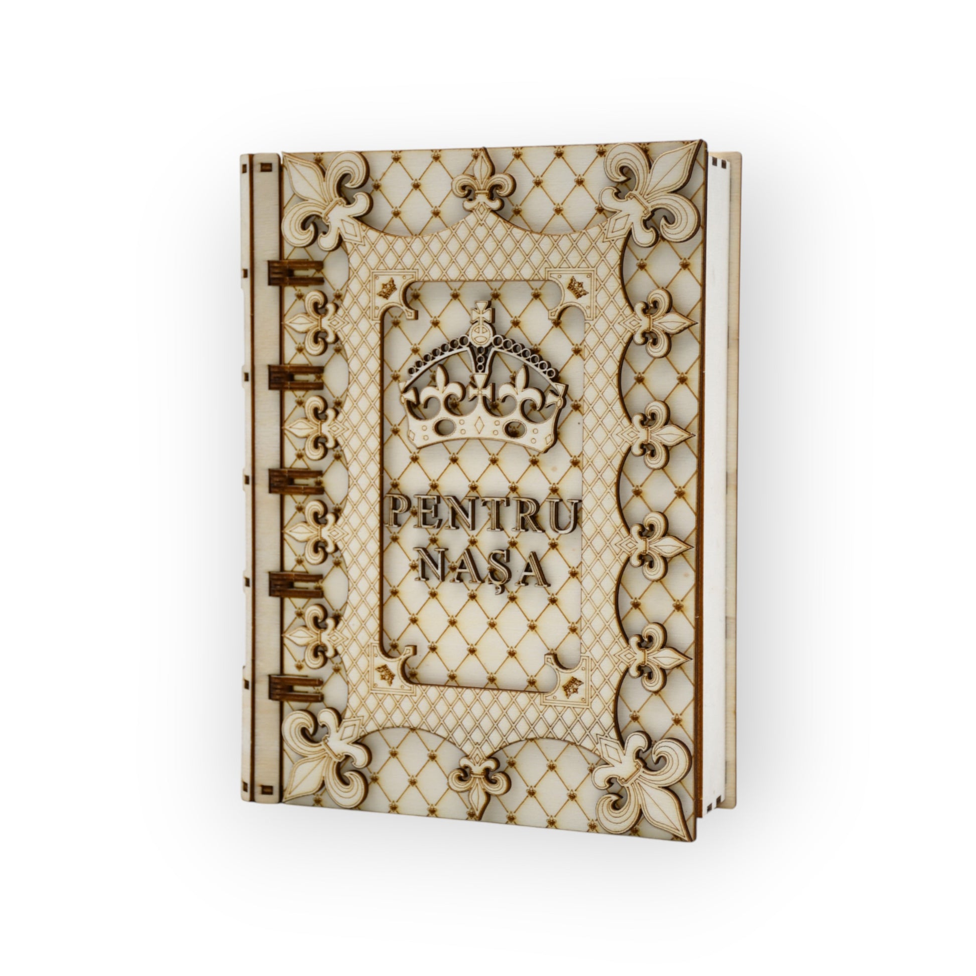 cutie din lemn în formă de carte cu mesaj pentru nașa