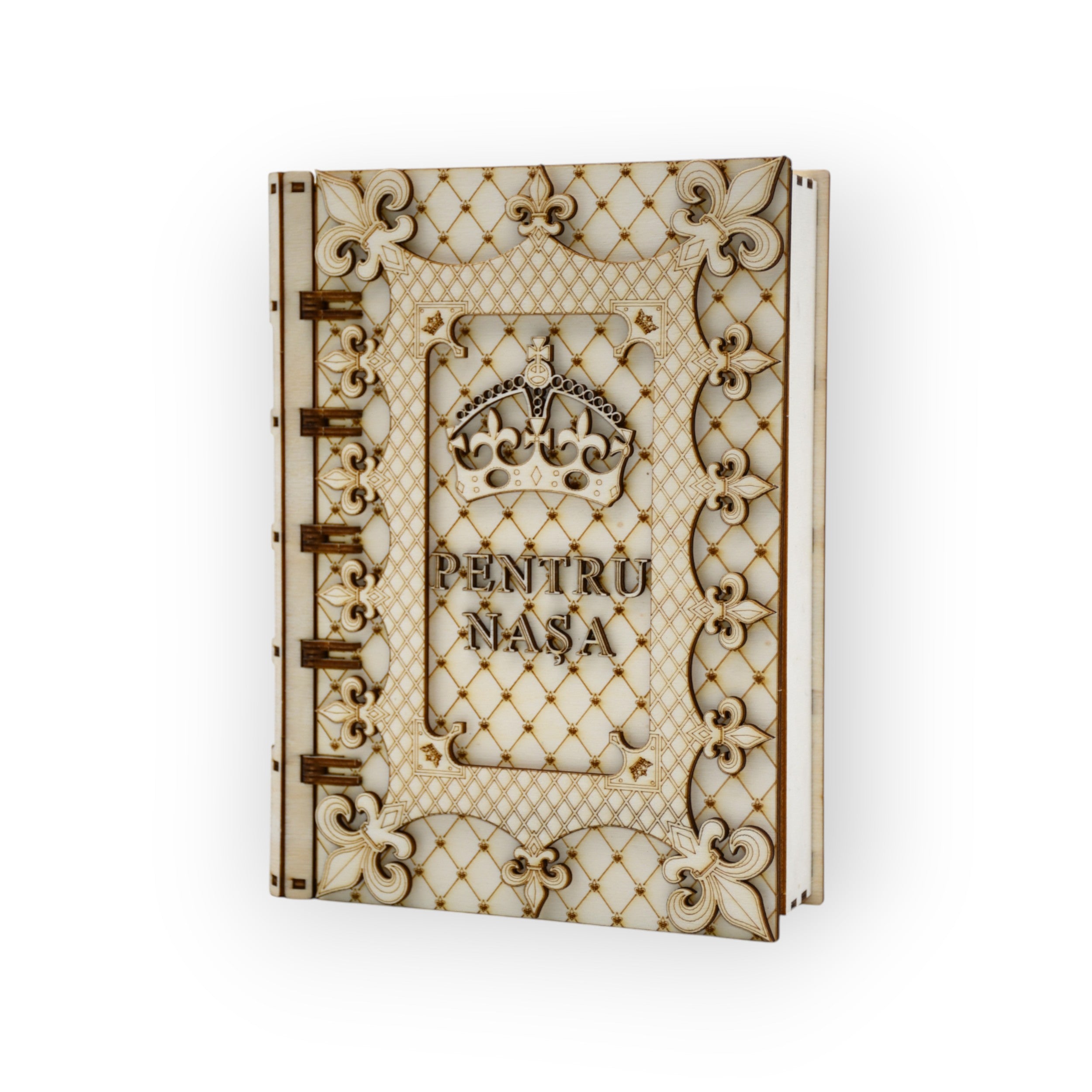 cutie din lemn în formă de carte cu mesaj pentru nașa