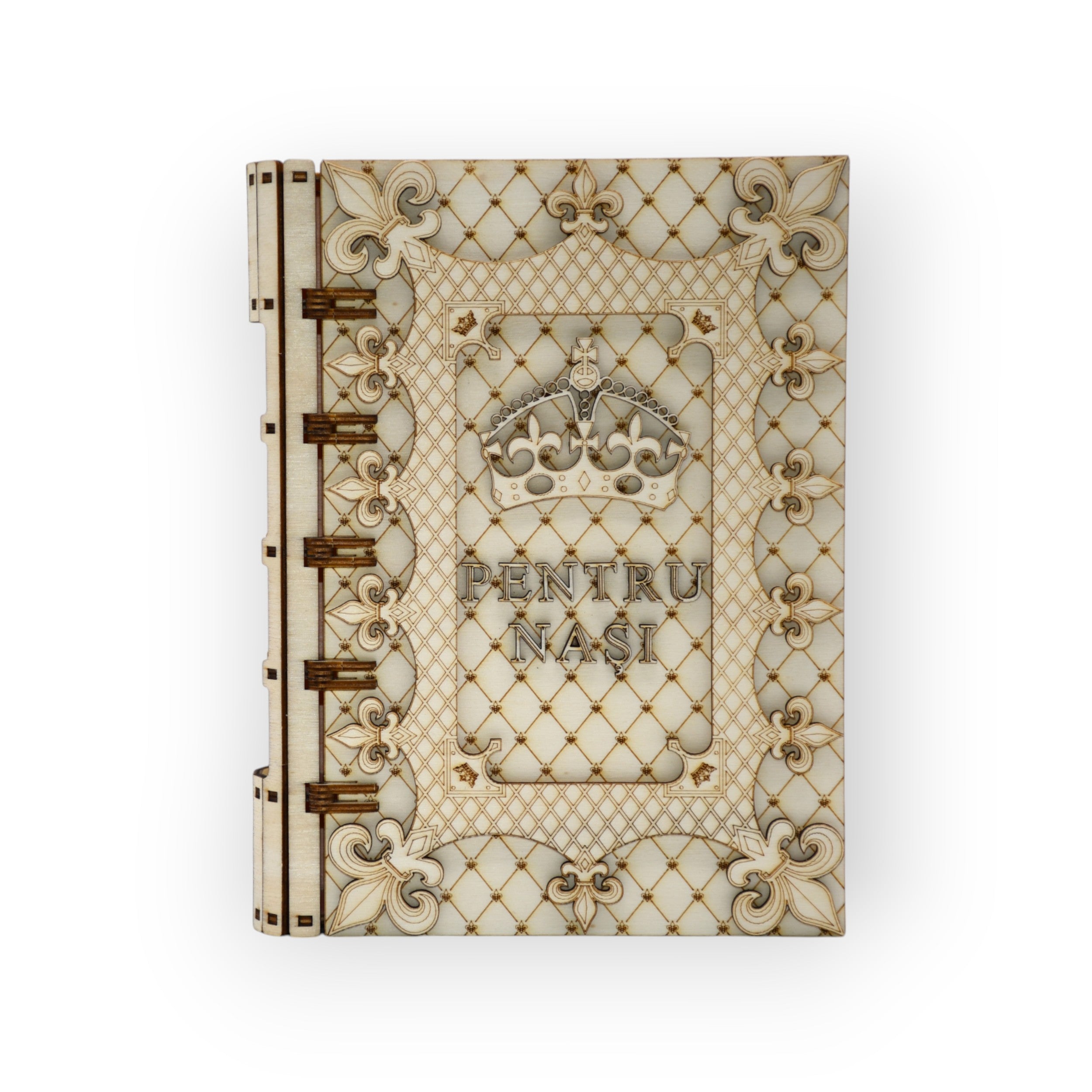 cutie cadou din lemn gravat pentru nasi - coperta cu model regal