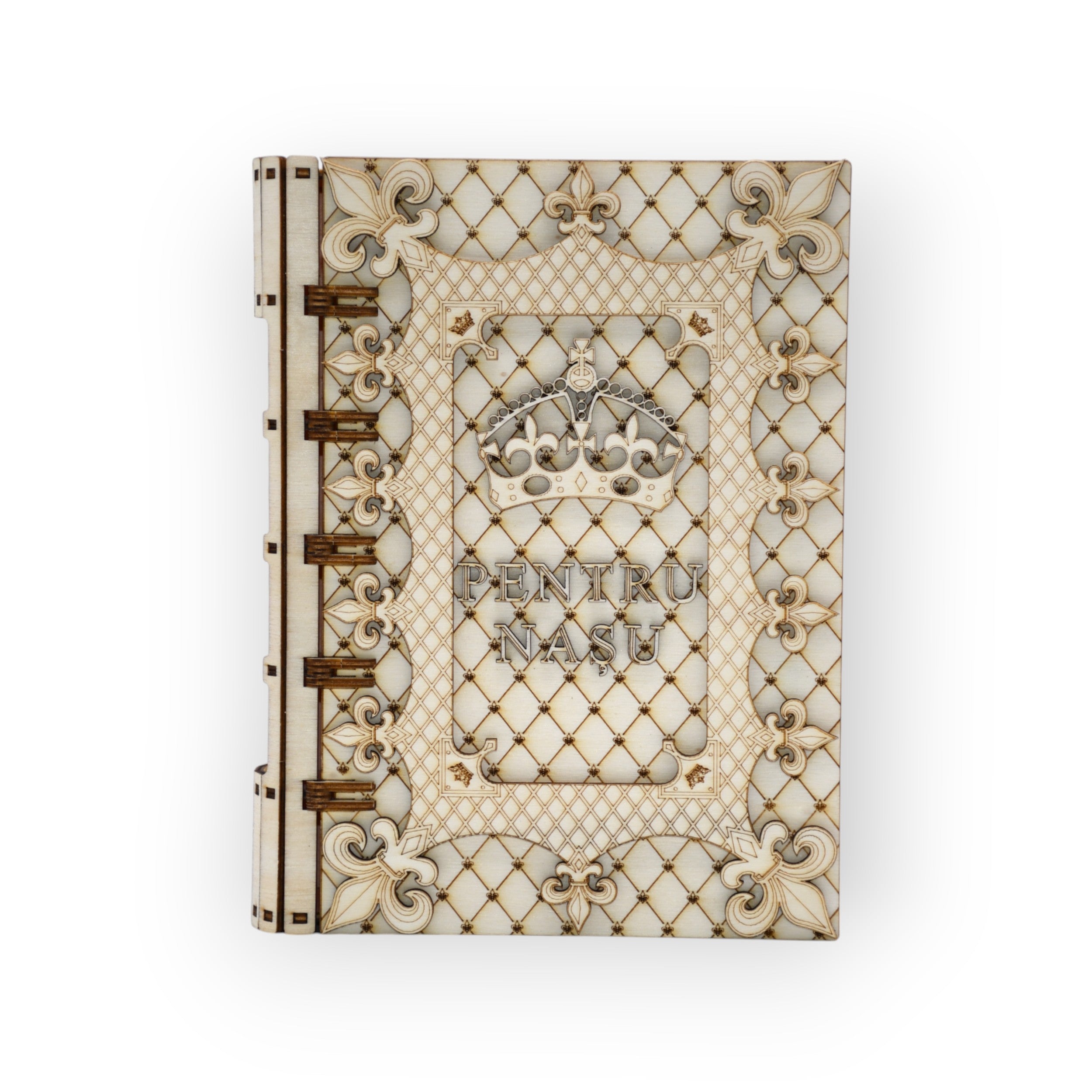 cutie cadou din lemn personalizată pentru nașu – vedere frontală cu coroană și model elegant