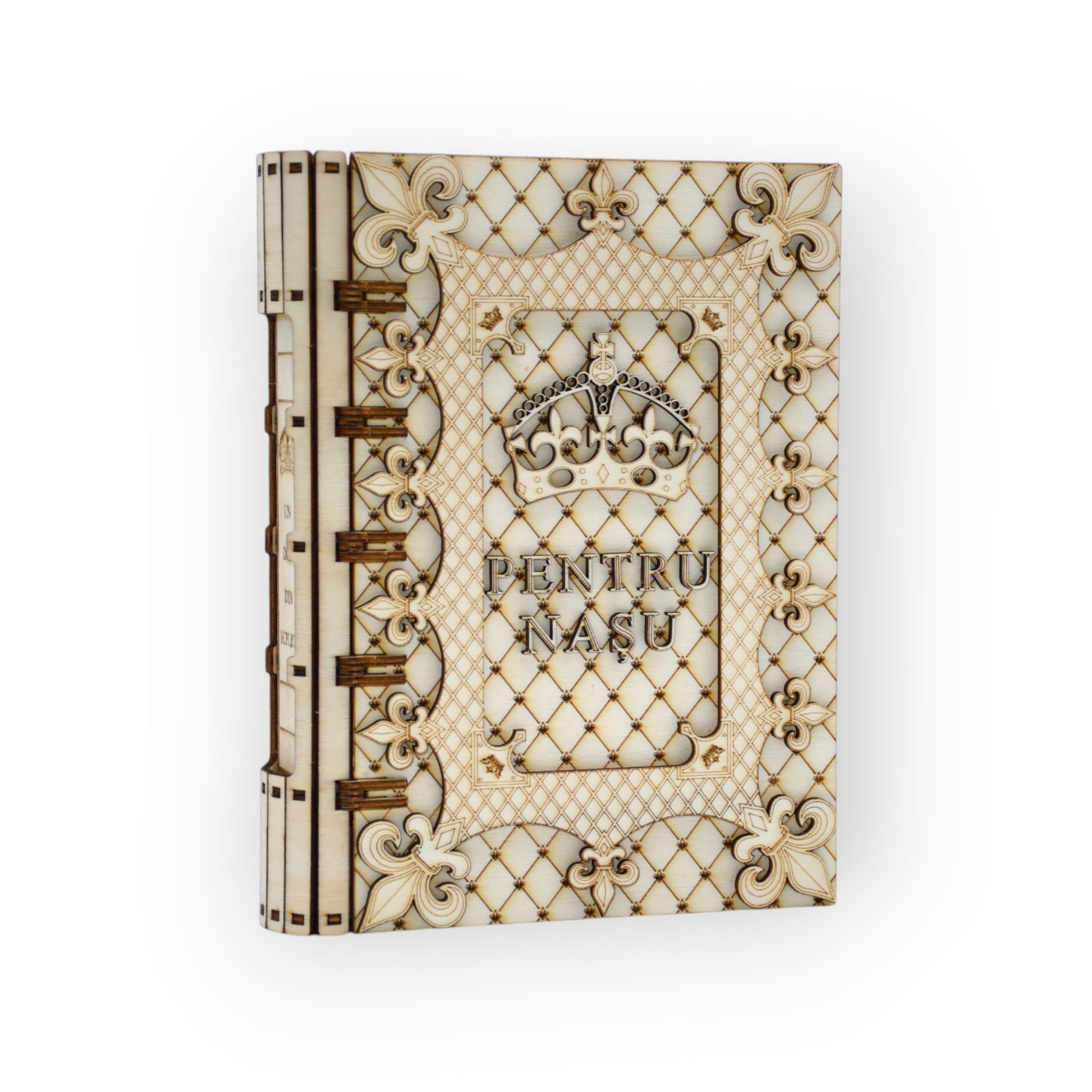 cutie decorativă din lemn pentru naș – un dar din suflet gravat pe cotor