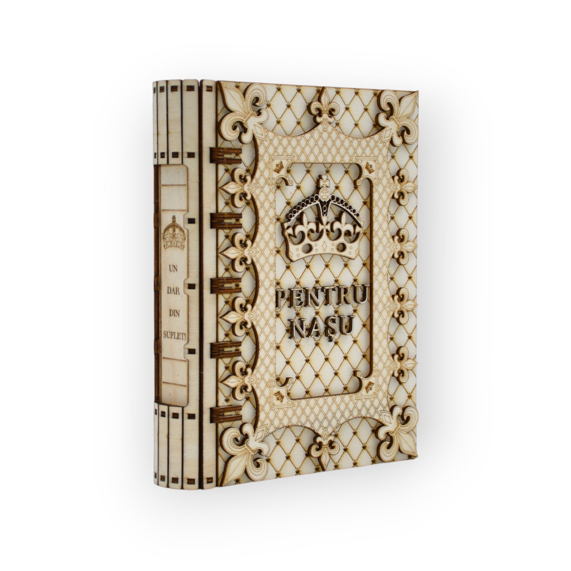 cutie carte pentru naș – model 3D cu elemente florale și închidere precisă