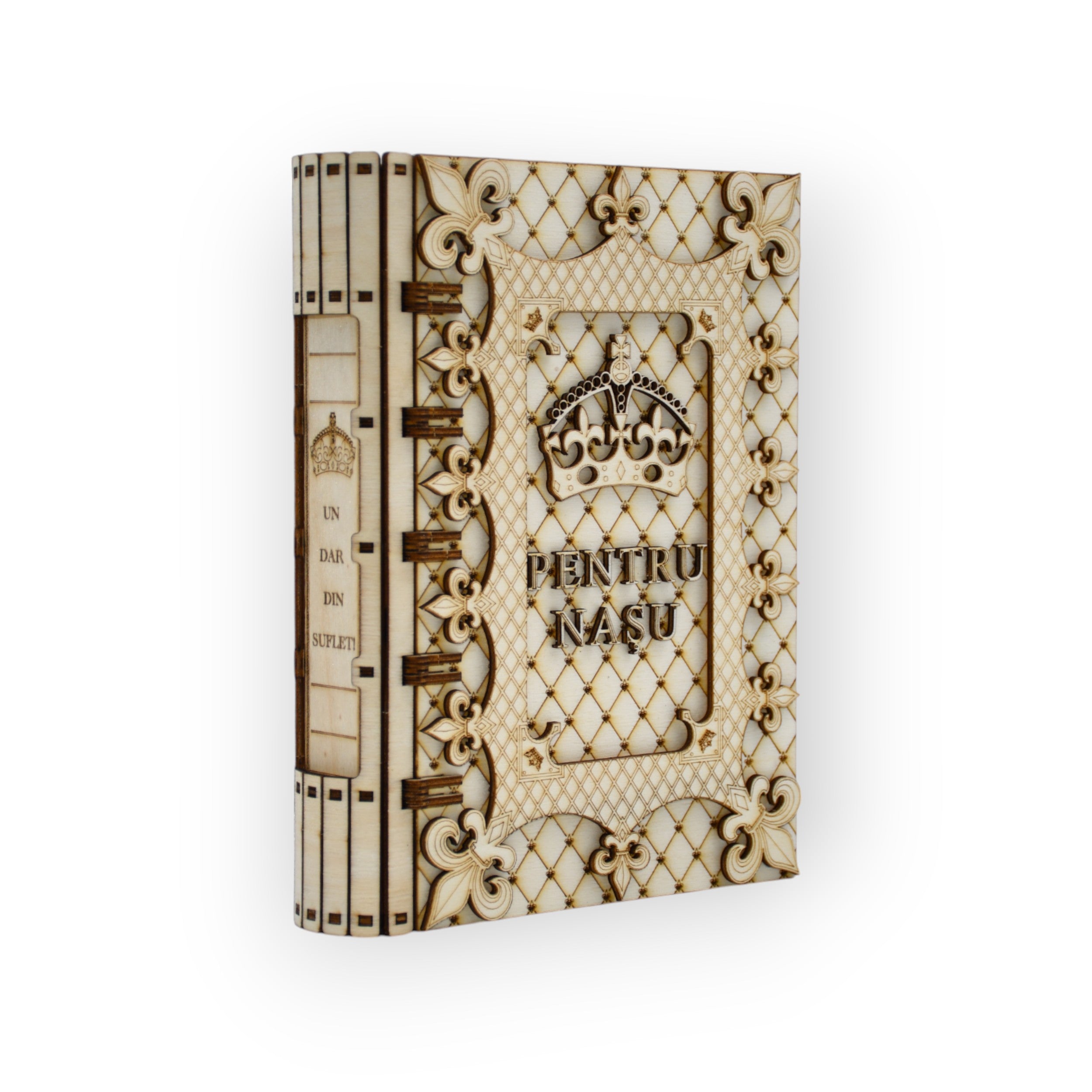 cutie carte pentru naș – model 3D cu elemente florale și închidere precisă