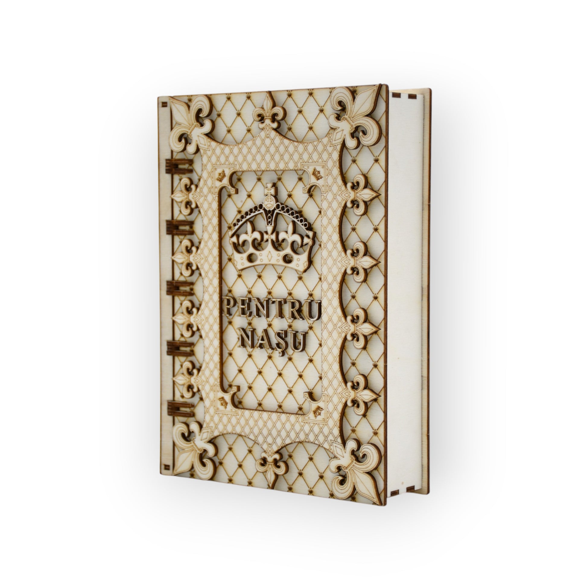 cutie din lemn gravată laser – vedere laterală și deschidere capac