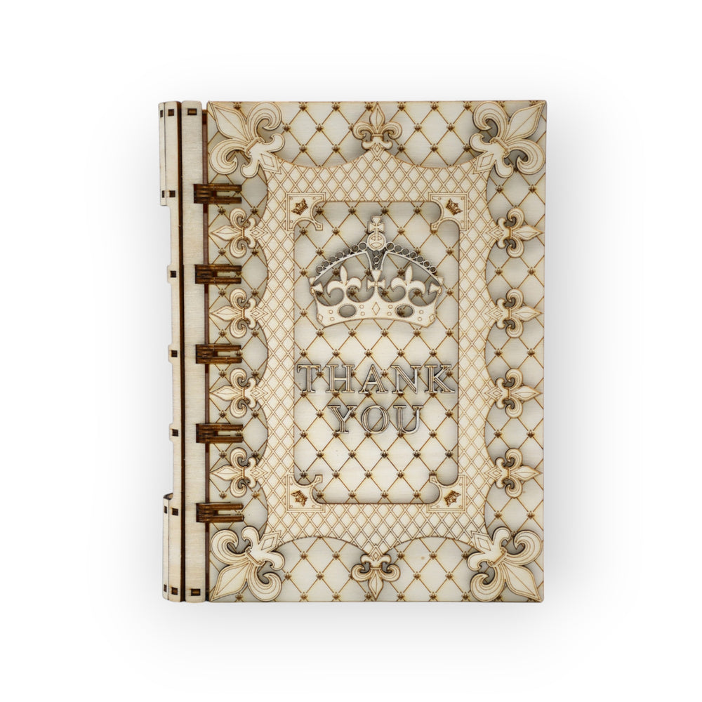 cutie tip carte eleganta din lemn cu mesaj thank you gravat