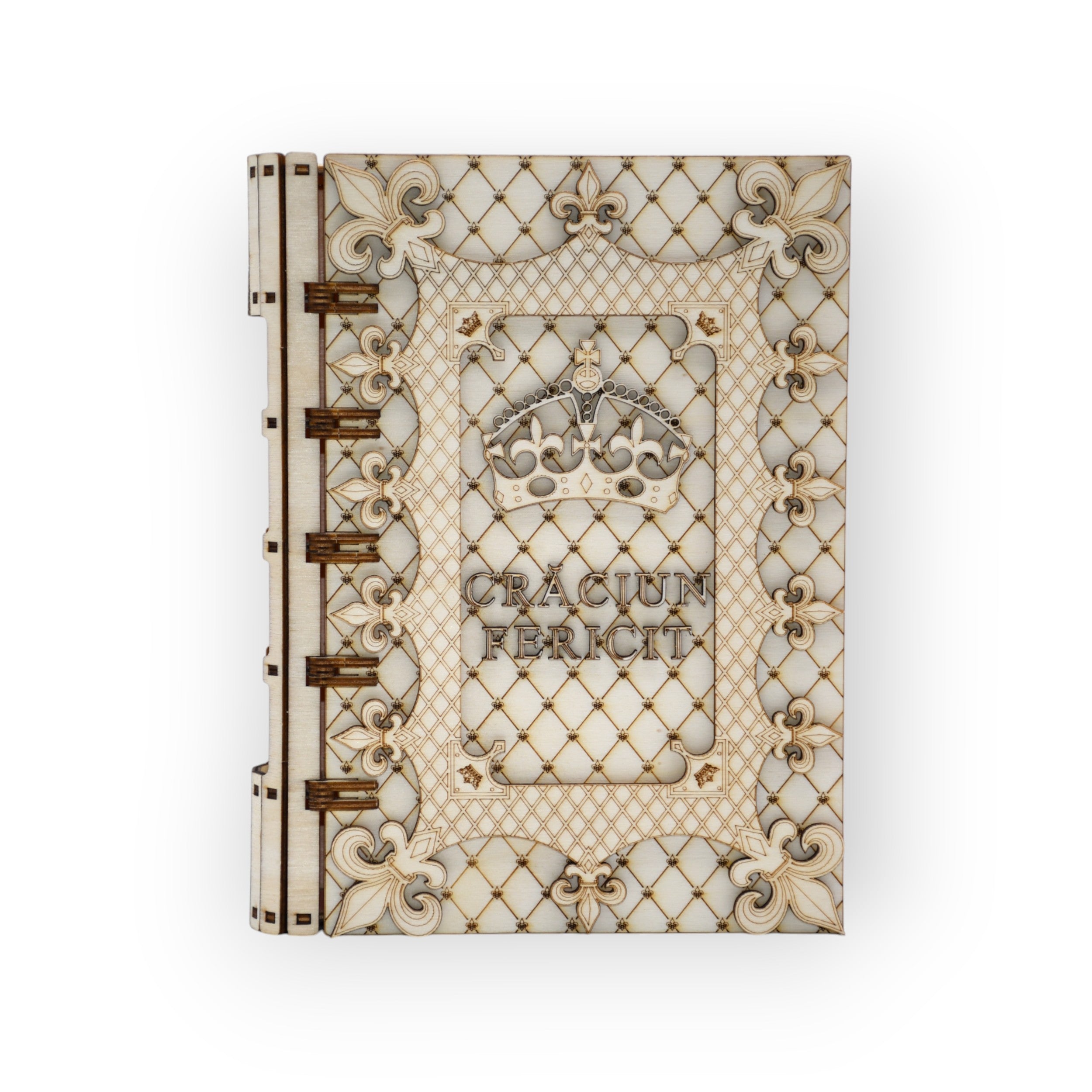 cutie Crăciun din lemn gravată – model regal frontal