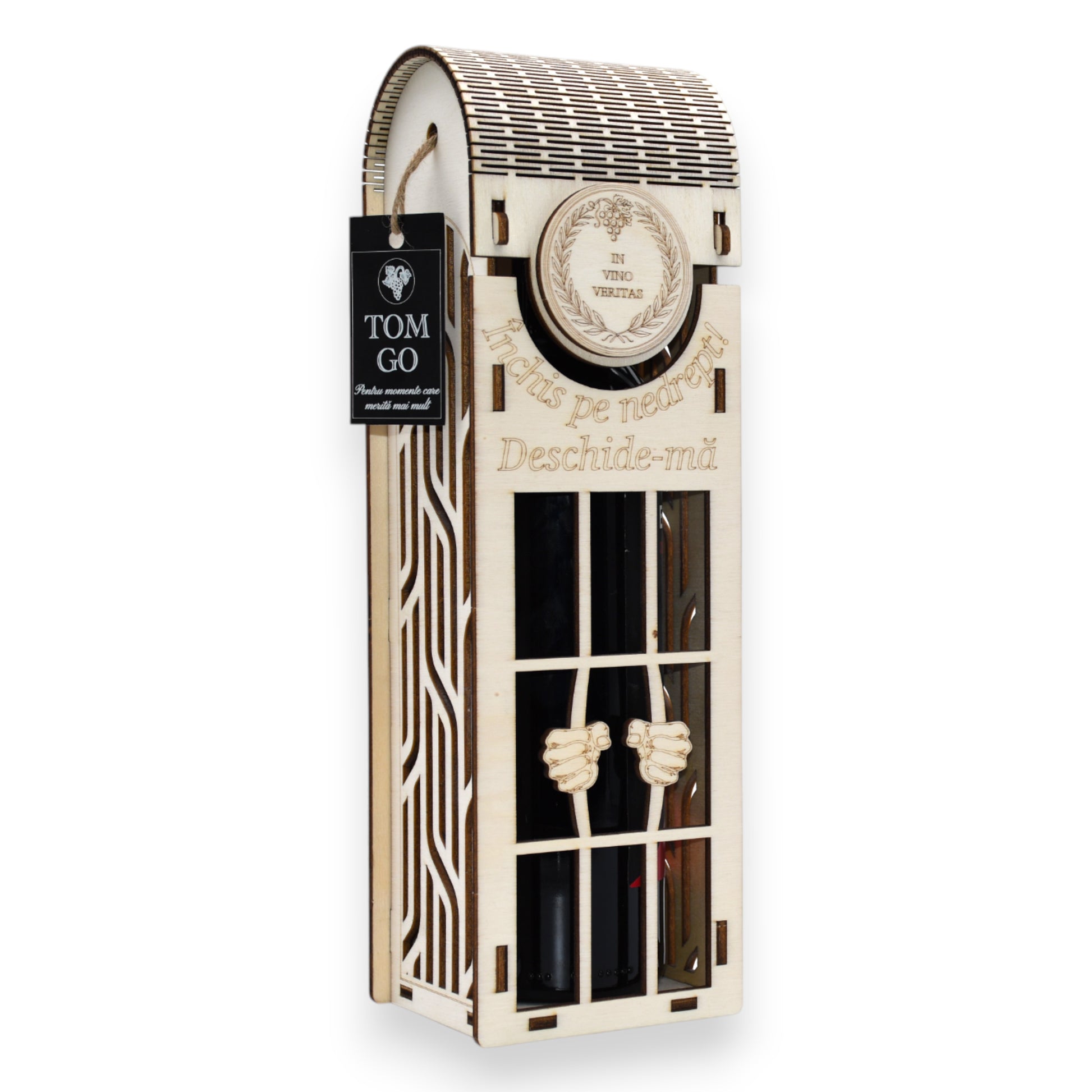 Cutie cadou vin cu mesaj „Închis pe nedrept! Deschide-mă” și mâini 3D