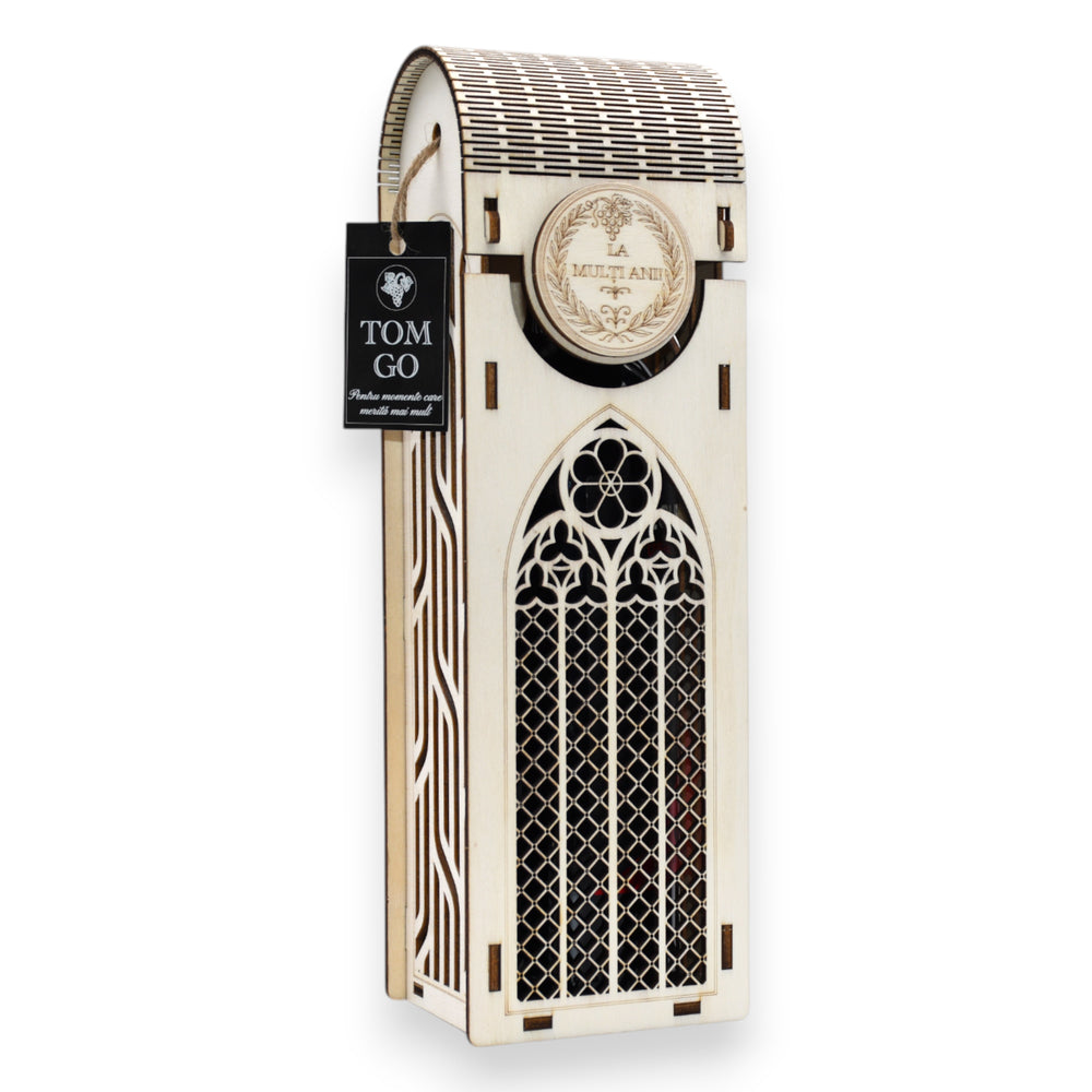 Cutie aniversară pentru vin din lemn, model vitraliu gotic și capac gravat „La mulți ani”