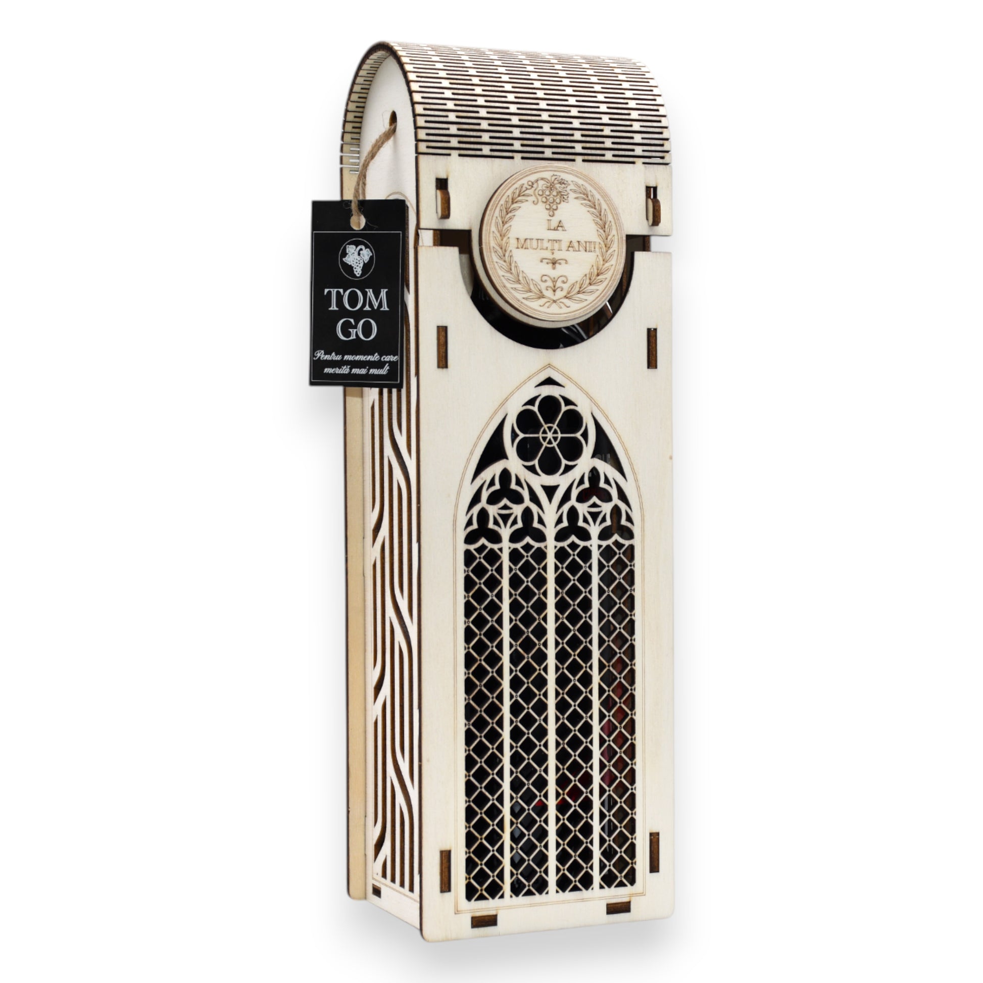 Cutie aniversară pentru vin din lemn, model vitraliu gotic și capac gravat „La mulți ani”