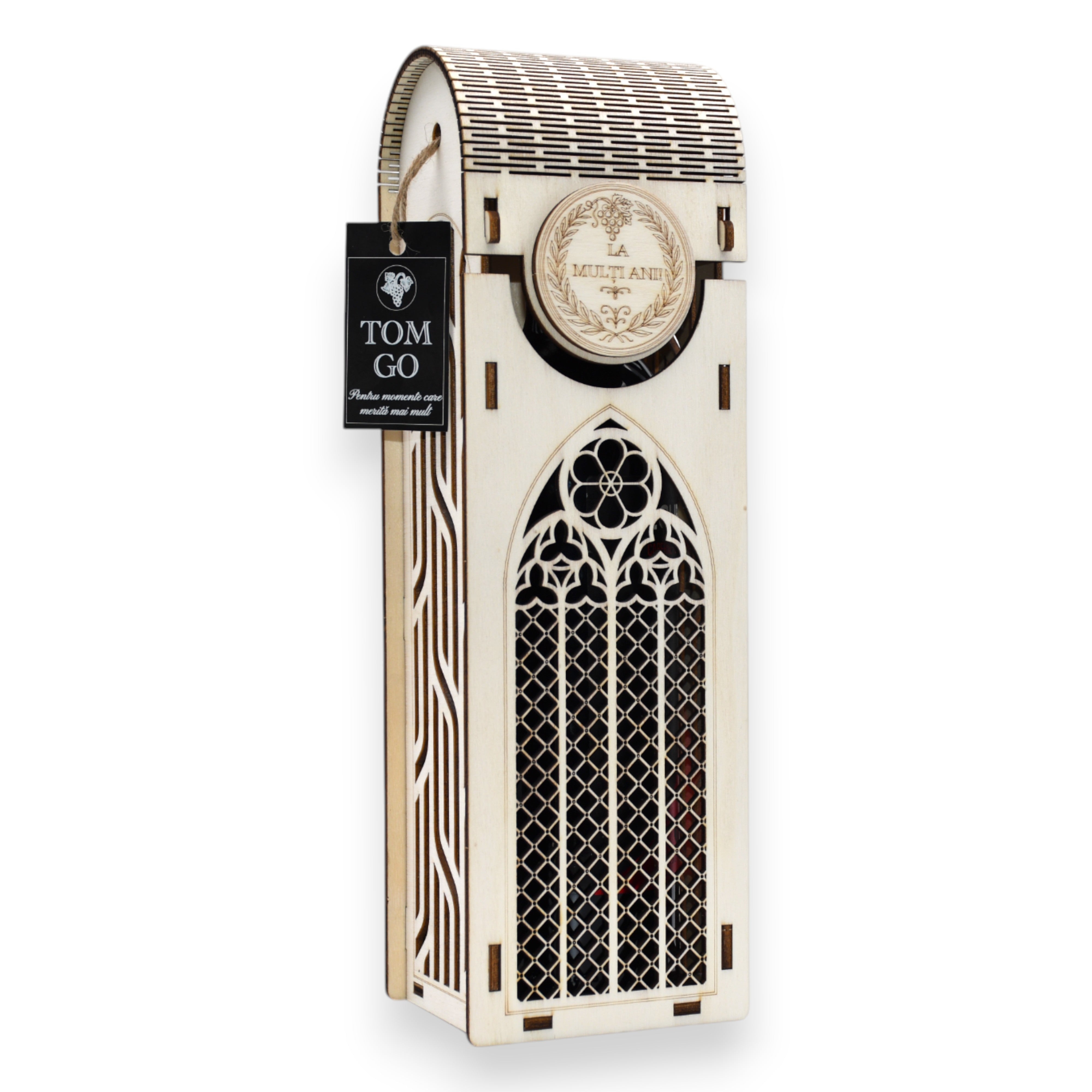 Cutie aniversară pentru vin din lemn, model vitraliu gotic și capac gravat „La mulți ani”