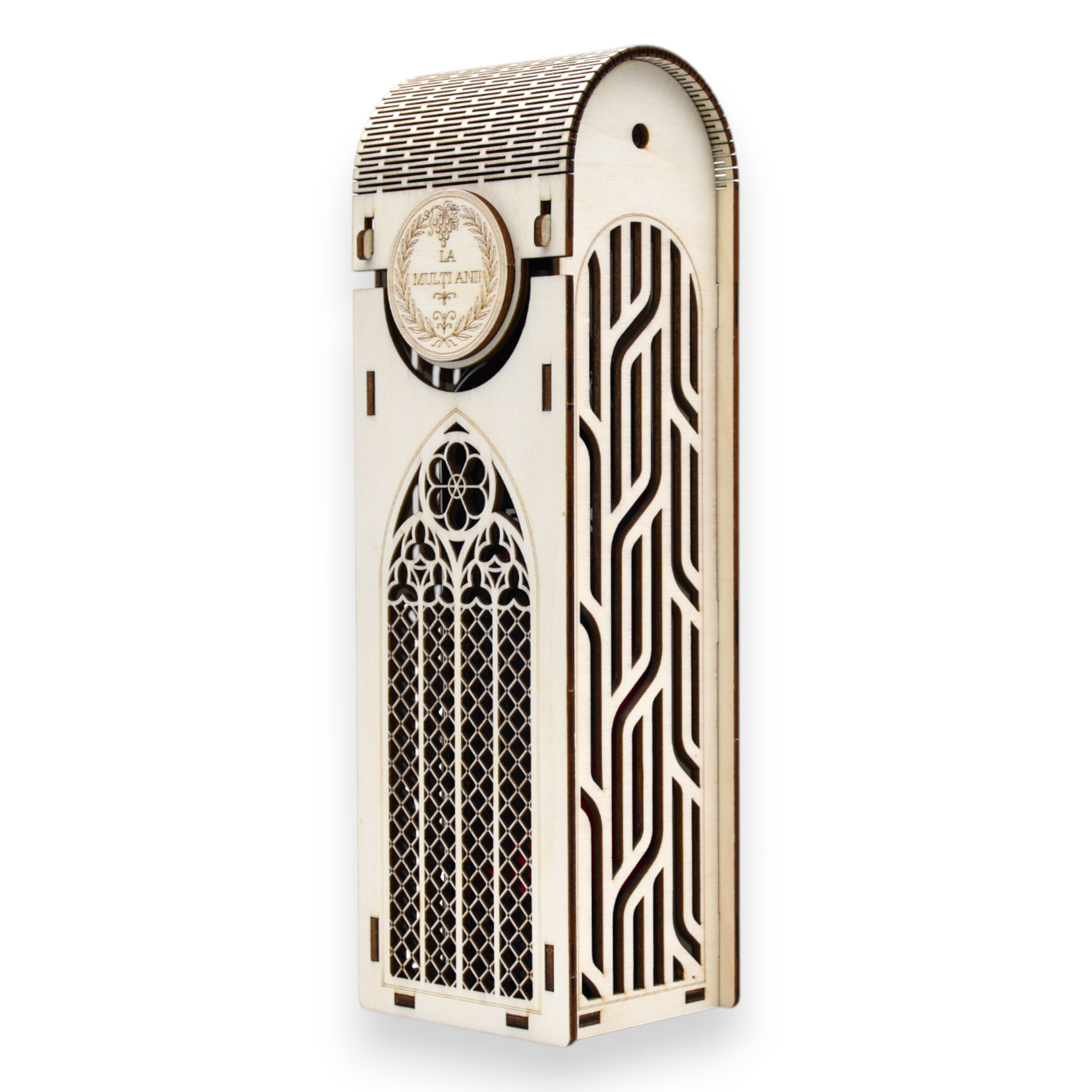 Cutie vin din lemn natural cu combinație de design geometric și gotic, ideală pentru aniversări