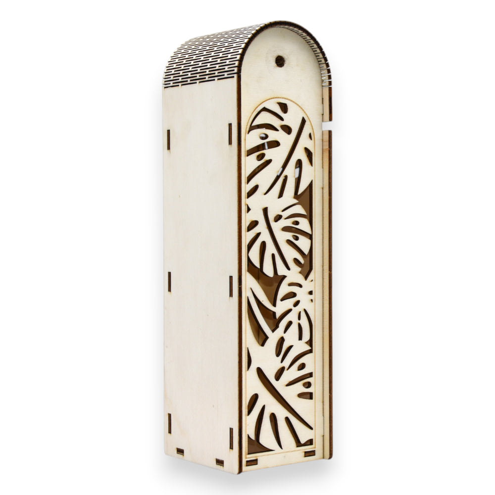 Cutie vin lemn cu capac rotunjit și decupaj lateral frunze Monstera, design modern-tropical pentru cadou elegant