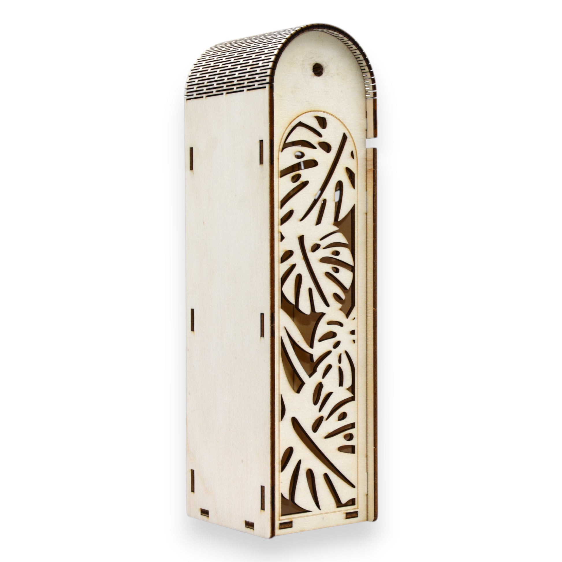 Cutie vin lemn cu capac rotunjit și decupaj lateral frunze Monstera, design modern-tropical pentru cadou elegant