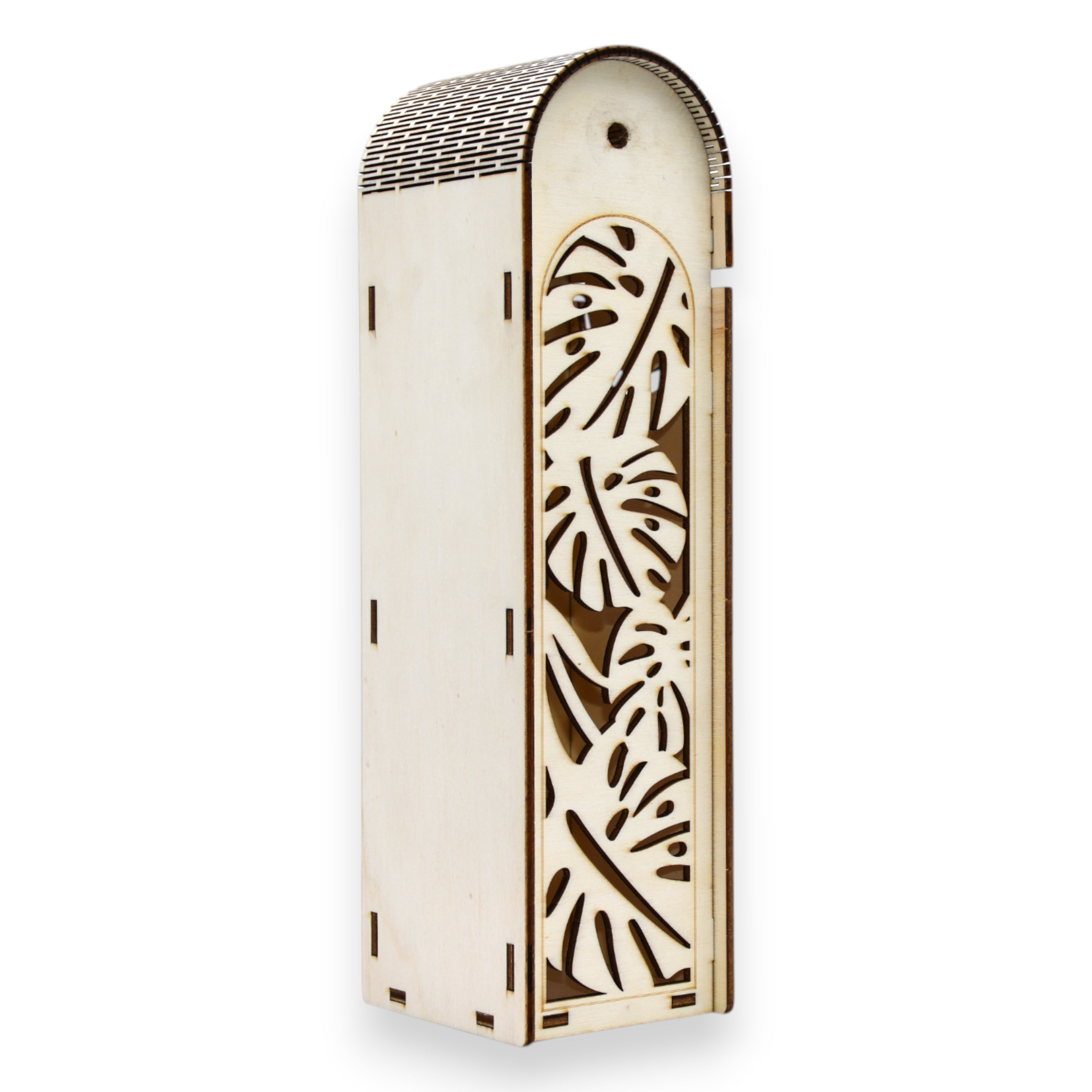 Cutie vin lemn cu capac rotunjit și decupaj lateral frunze Monstera, design modern-tropical pentru cadou elegant