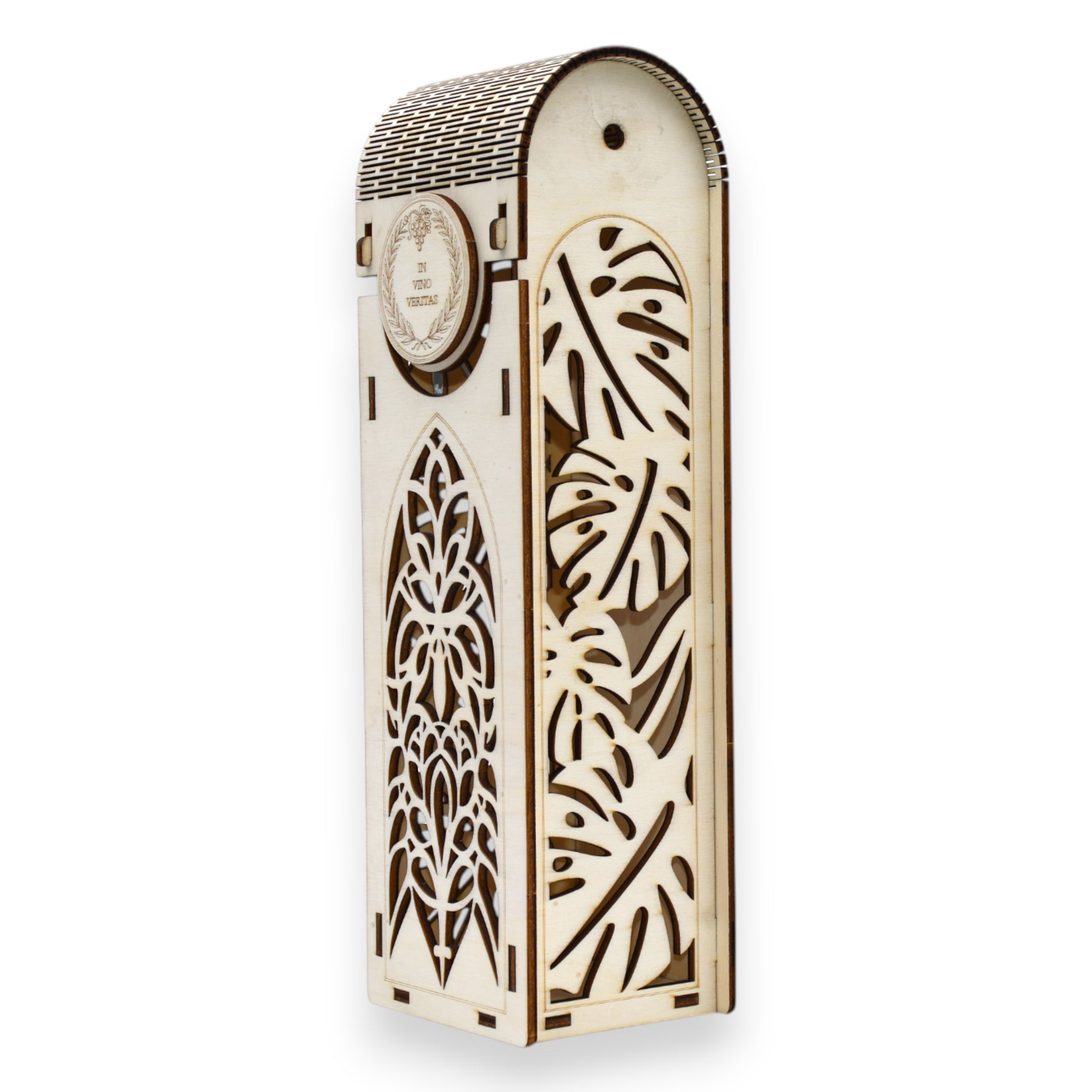 Cutie vin premium din lemn, cu model tropical și frontal gotic, capac cu gravură “In vino veritas”