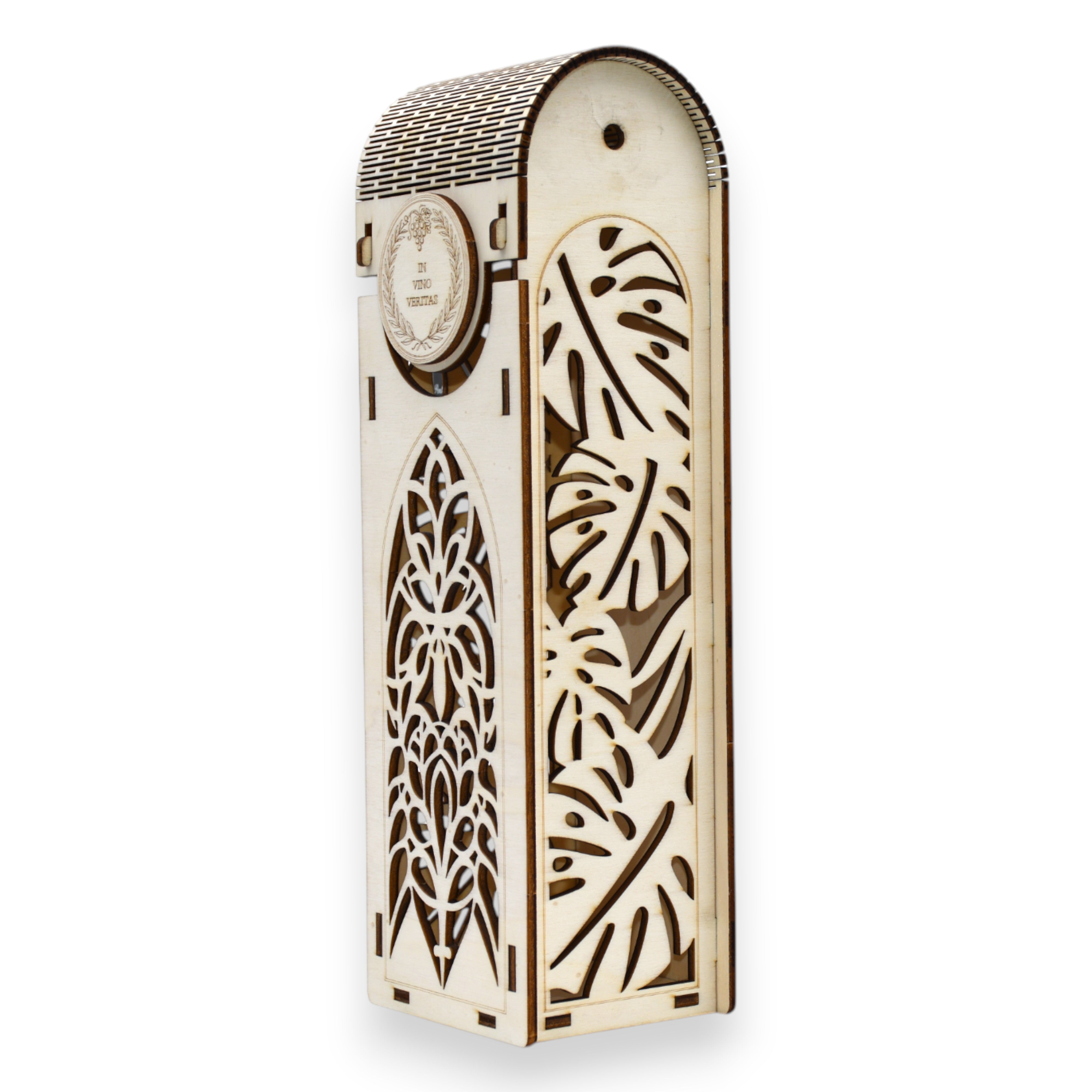 Cutie vin premium din lemn, cu model tropical și frontal gotic, capac cu gravură “In vino veritas”