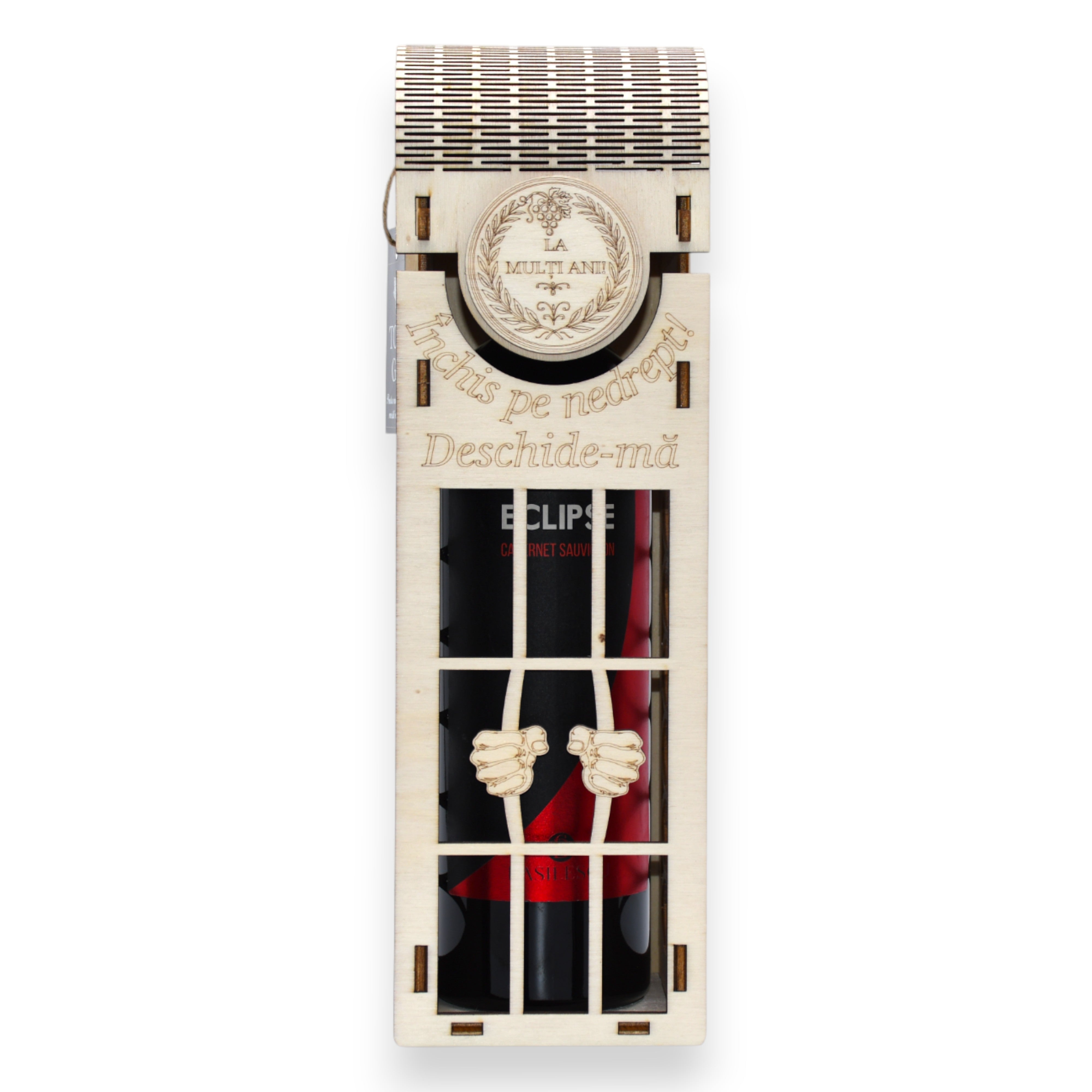 Cutie vin aniversară cu mesaj „Închis pe nedrept” și grilaj frontal – mâini 3D decorative și capac rotunjit