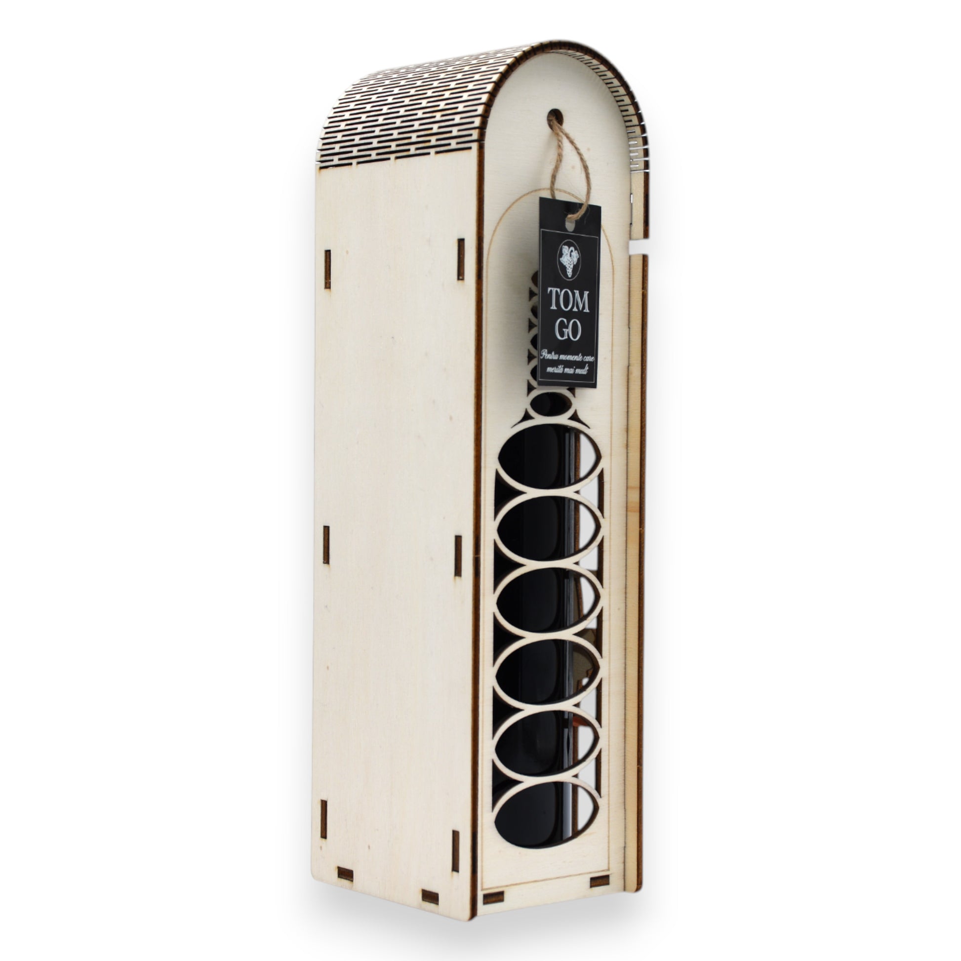 Cutie decorativă pentru vin, din lemn de plop, cu decupaje ovale elegante – ideală pentru sărbătoriți