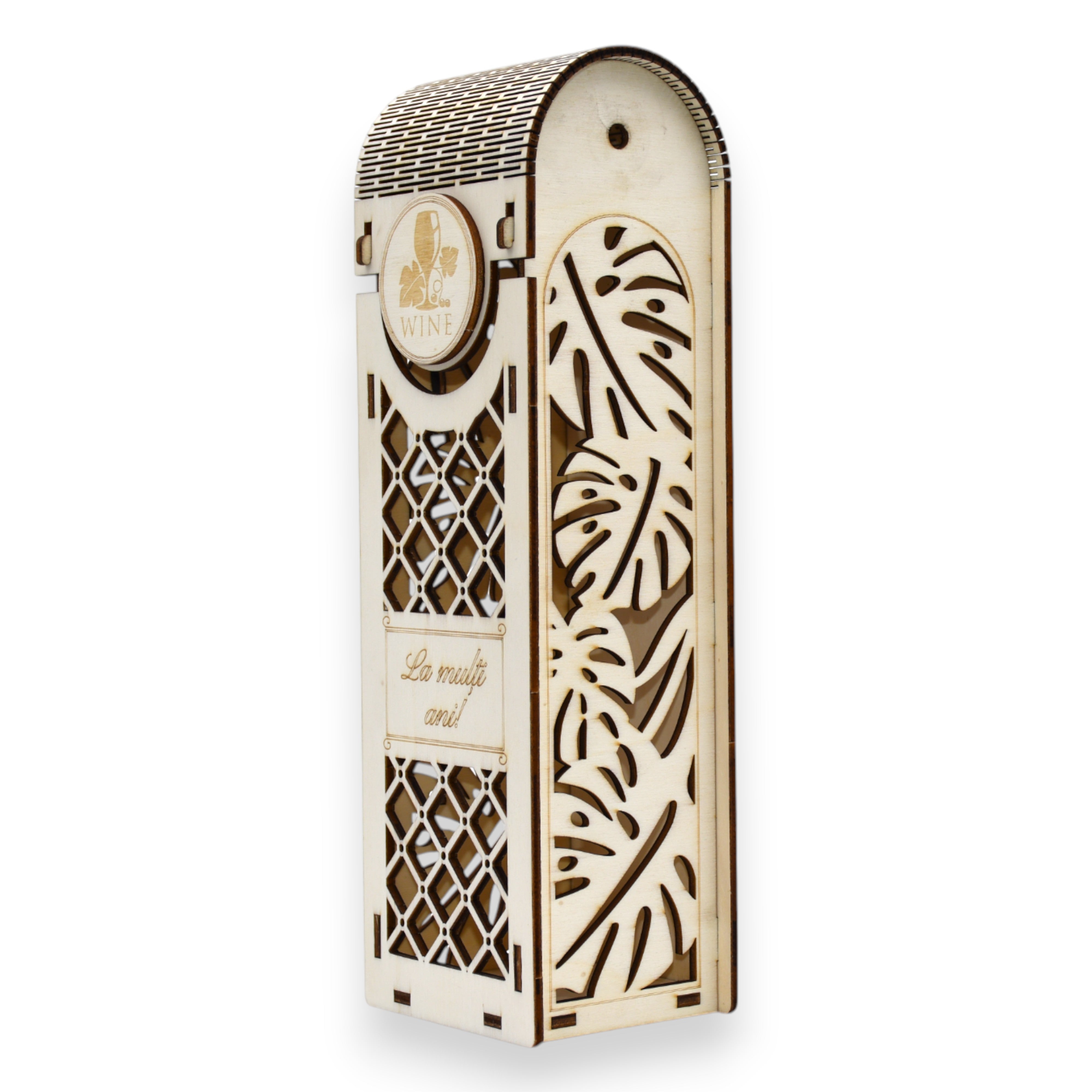 Cutie lemn gravată cu frunze Monstera și mesaj „La mulți ani”, design exotic pentru ocazii speciale.