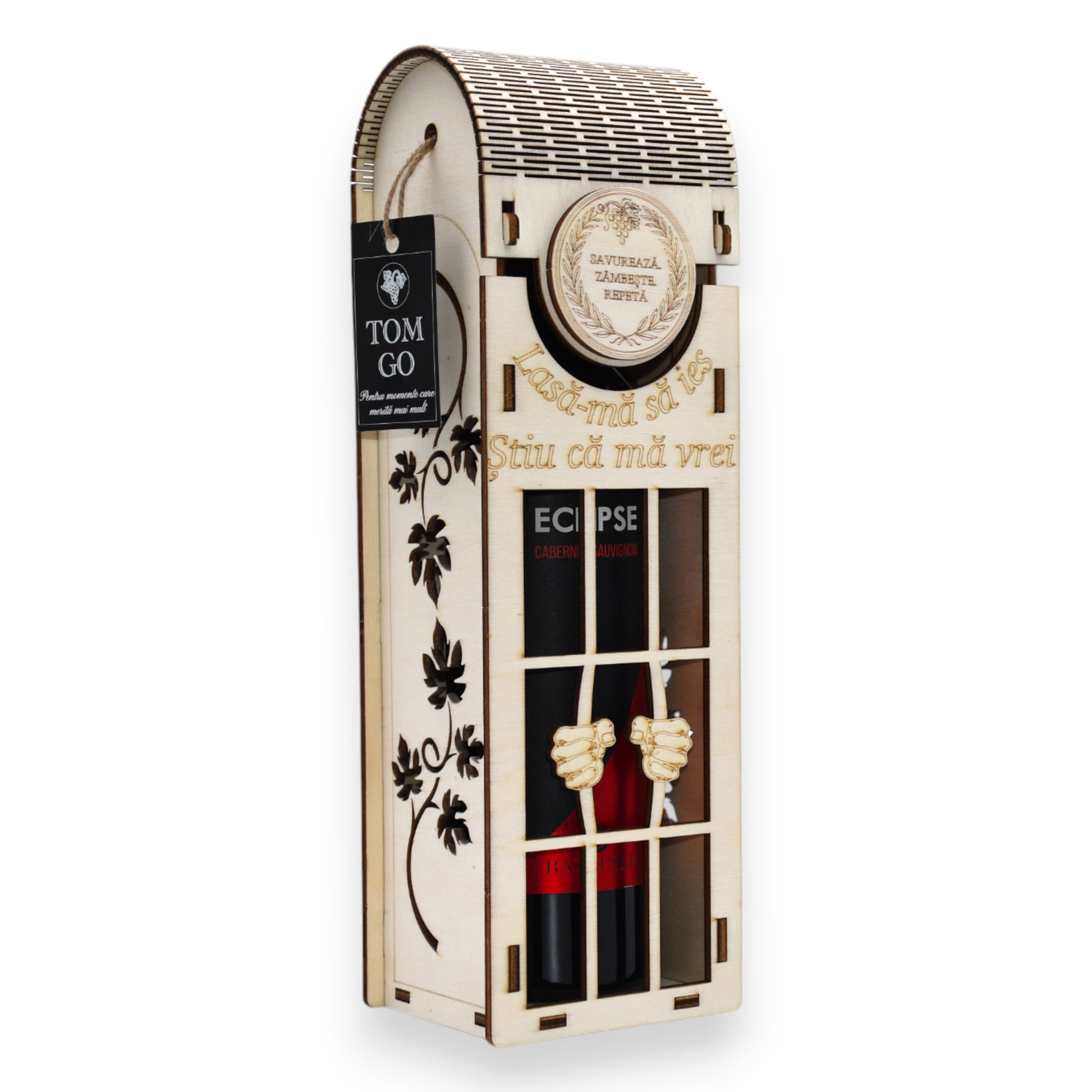  Cutie vin din lemn cu gravură viță-de-vie și capac rotunjit