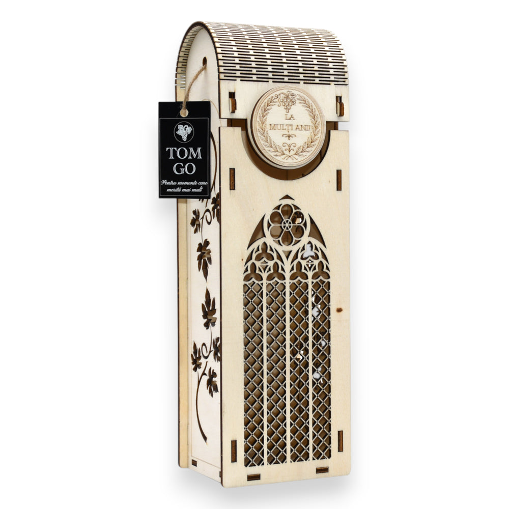 Cutie din lemn personalizată pentru sticlă de vin, cu motive florale și fereastră decorativă