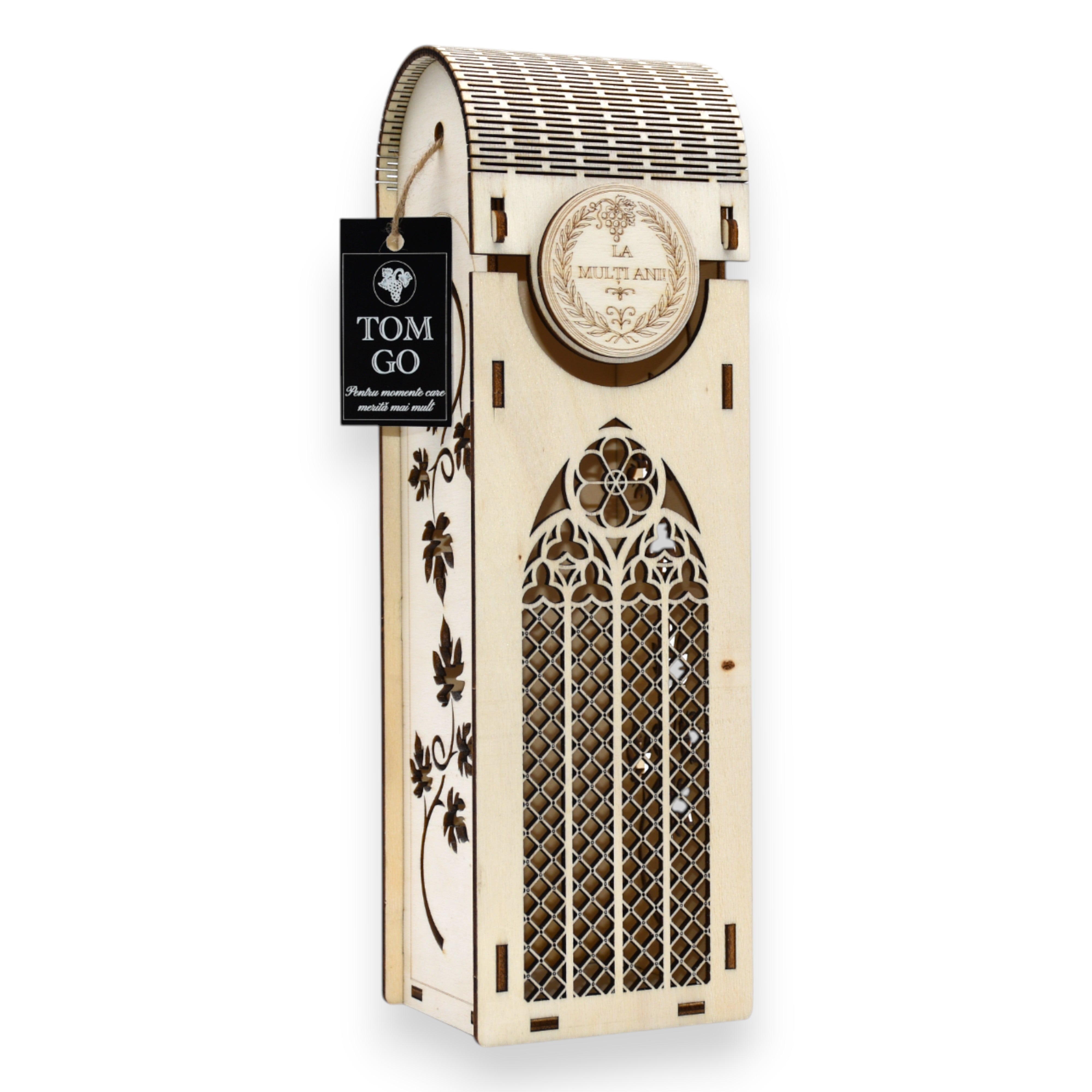 Cutie din lemn personalizată pentru sticlă de vin, cu motive florale și fereastră decorativă