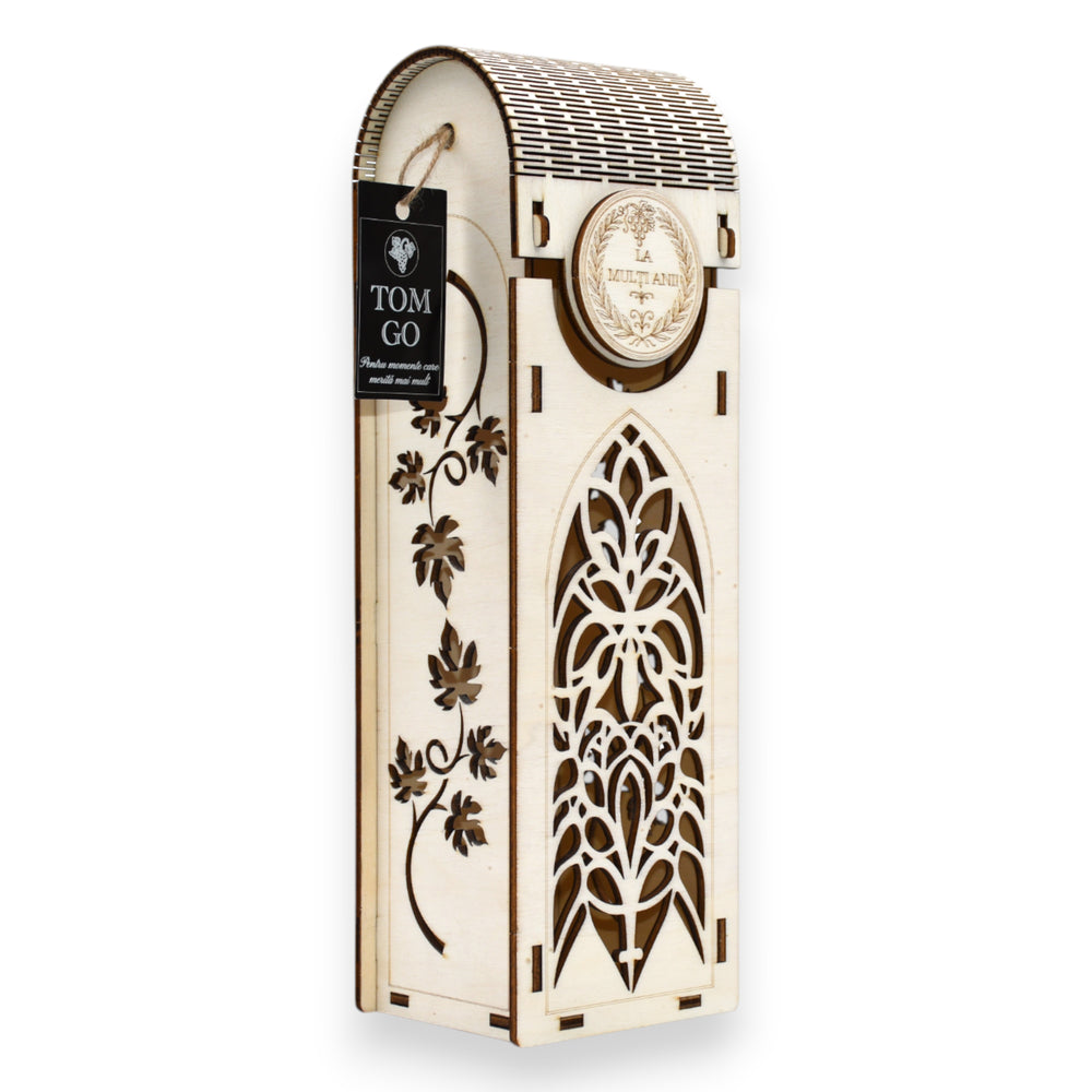 Cutie vin lemn personalizabilă, cu gravură florală și design elegant, perfectă pentru ocazii deosebite.
