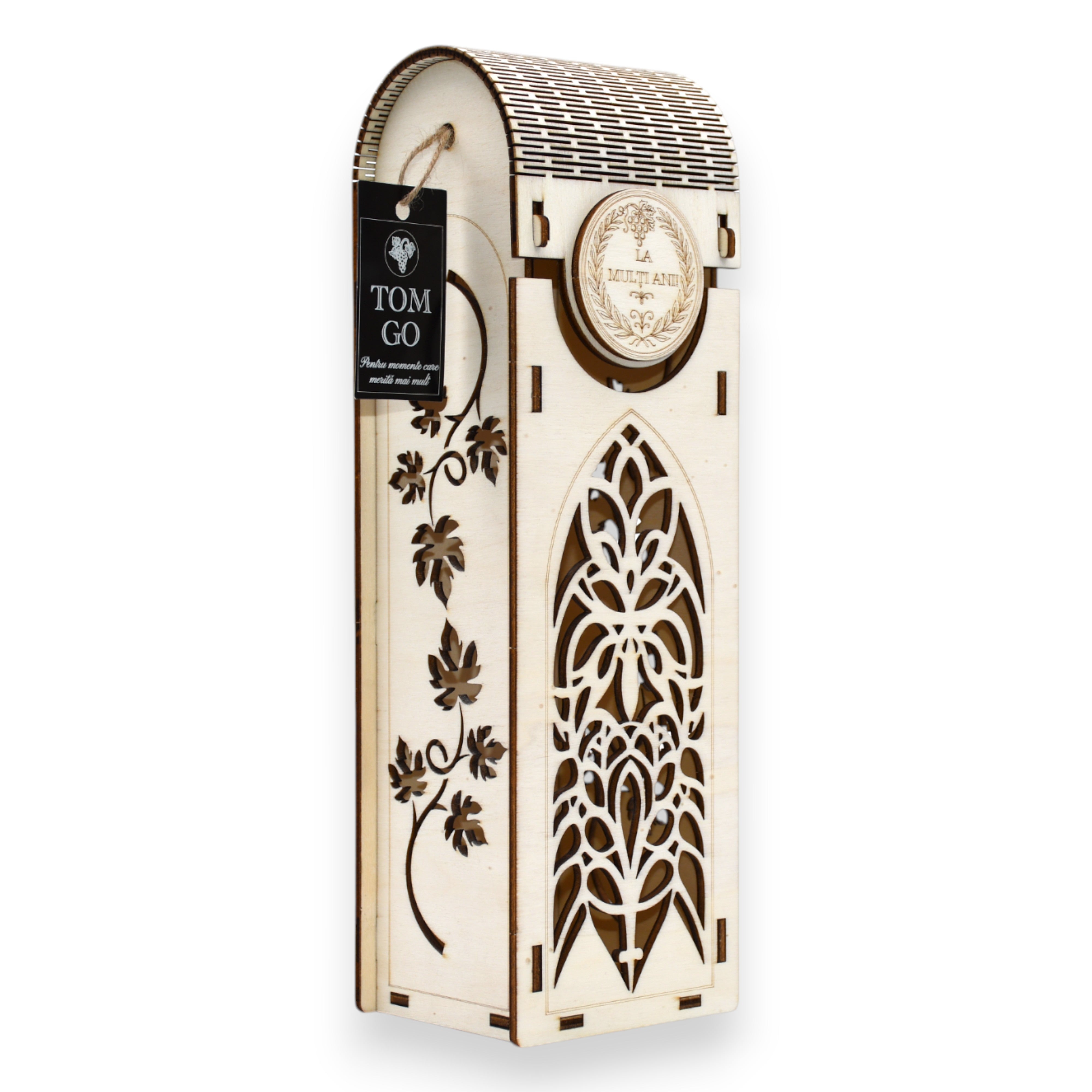 Cutie vin lemn personalizabilă, cu gravură florală și design elegant, perfectă pentru ocazii deosebite.