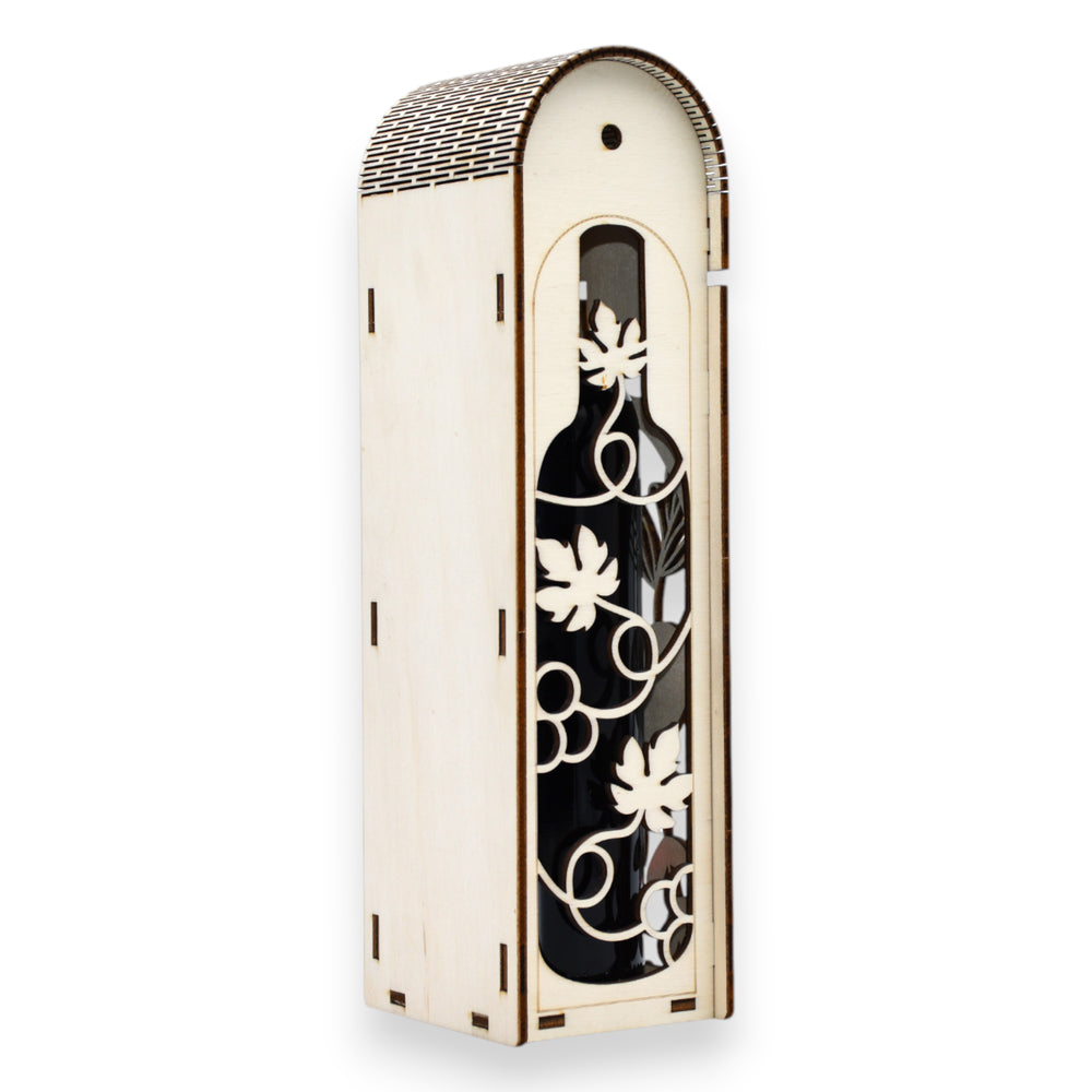 Cutie din lemn pentru vin, decupată în formă de sticlă cu model viță de vie, capac arcuit, cadou elegant aniversar.