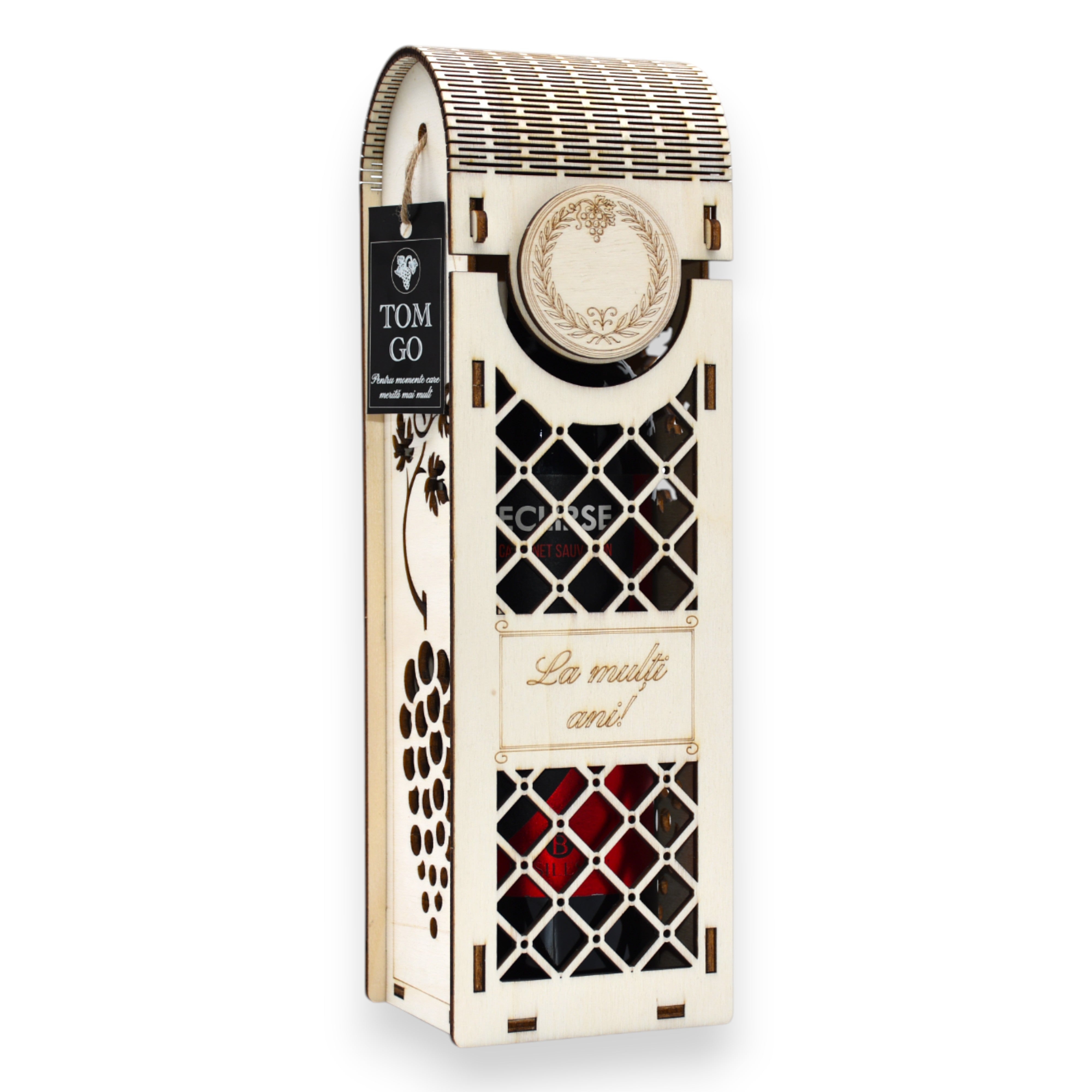 Ambalaj cadou din lemn, cu decorațiuni romboidale și mesaj aniversar