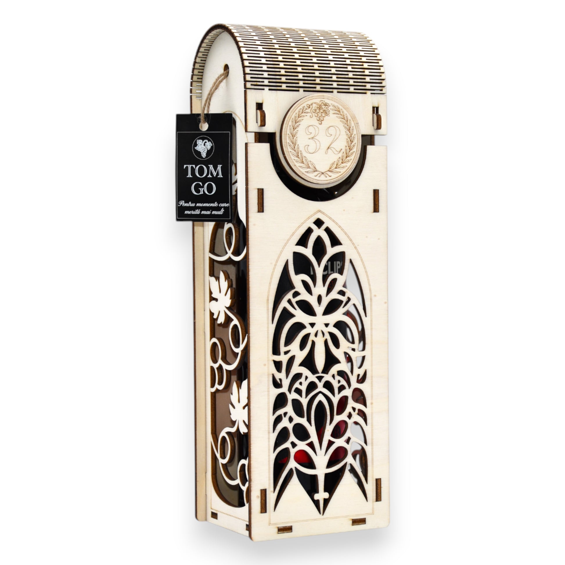 Cutie din lemn pentru vin cu decupaj artistic în formă de viță-de-vie și siluetă de sticlă