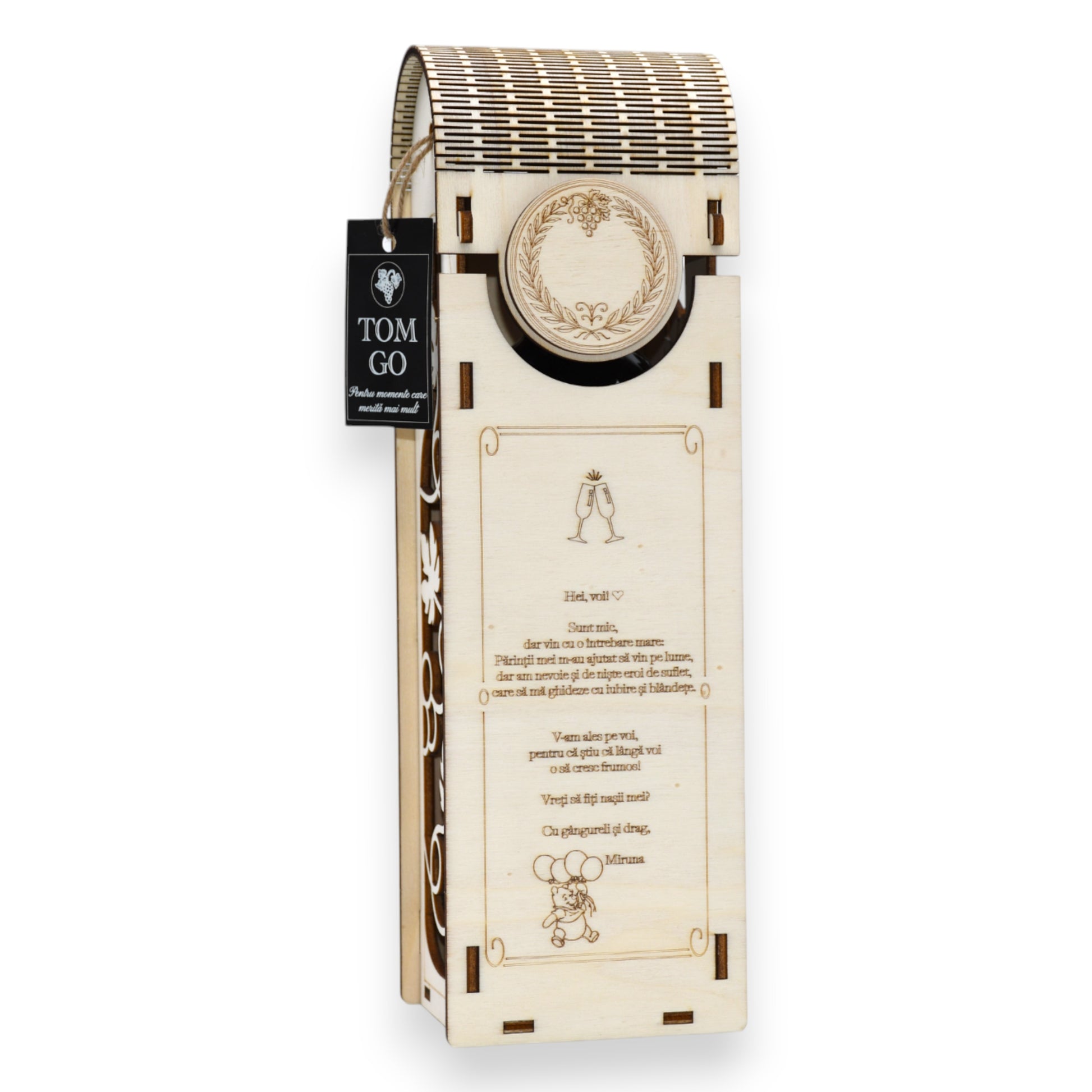 Cutie lemn pentru vin cu gravură personalizată și decor decupat sticlă și viță de vie