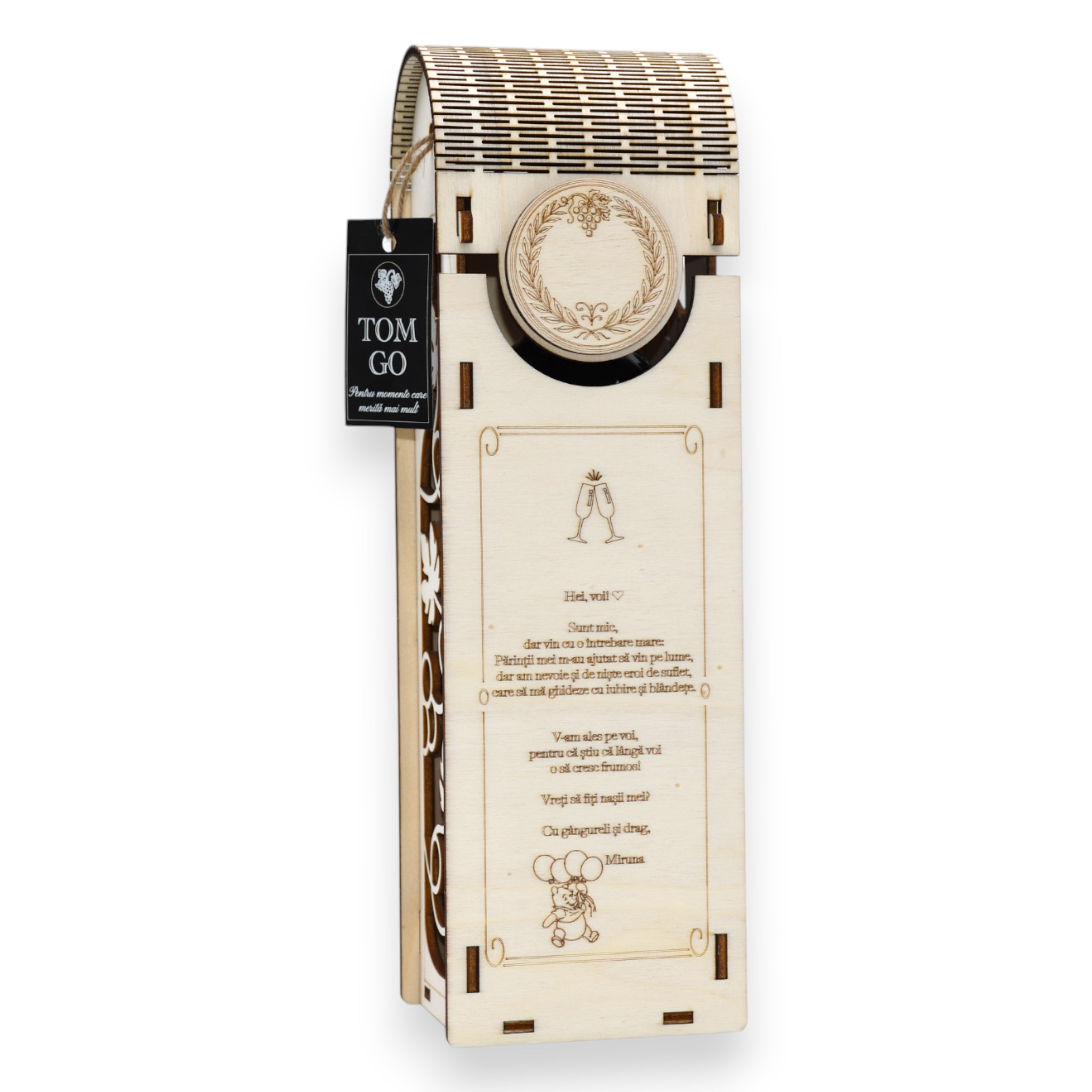 Cutie lemn pentru vin cu gravură personalizată și decor decupat sticlă și viță de vie