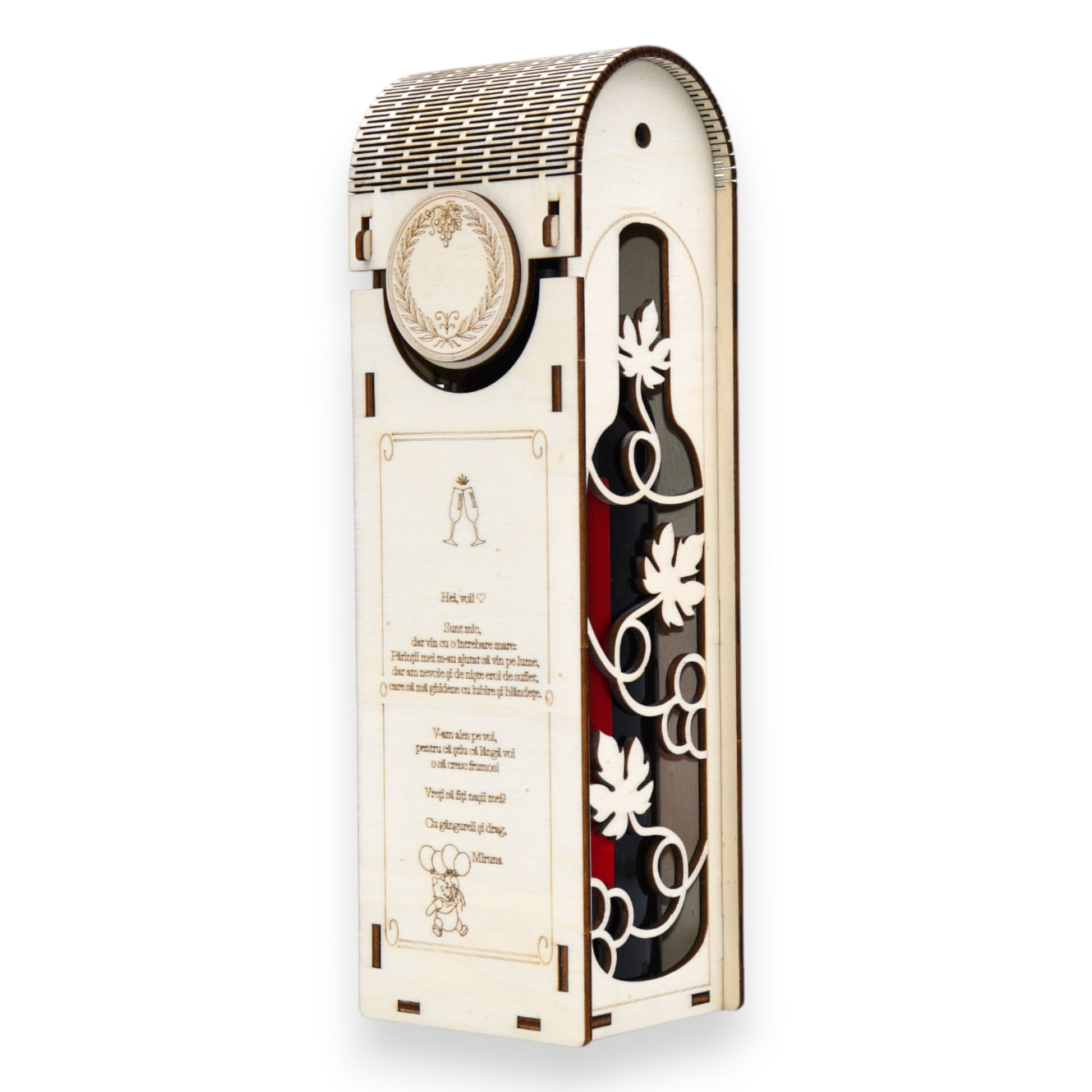 Cutie vin din lemn, capac arcuit, cu model sticlă și viță de vie decupată, ideală pentru cadouri