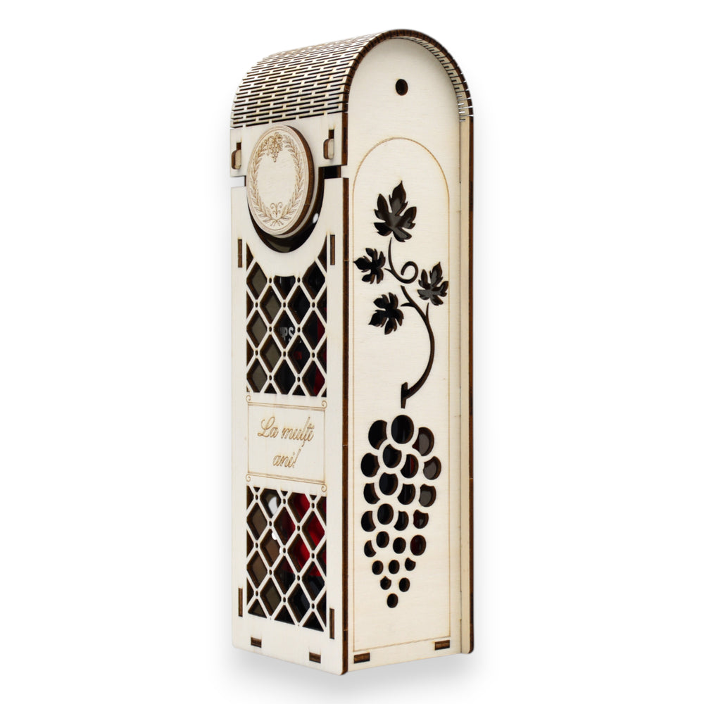 Cutie elegantă pentru vin, cu gravură „La mulți ani!” și model geometric de romburi