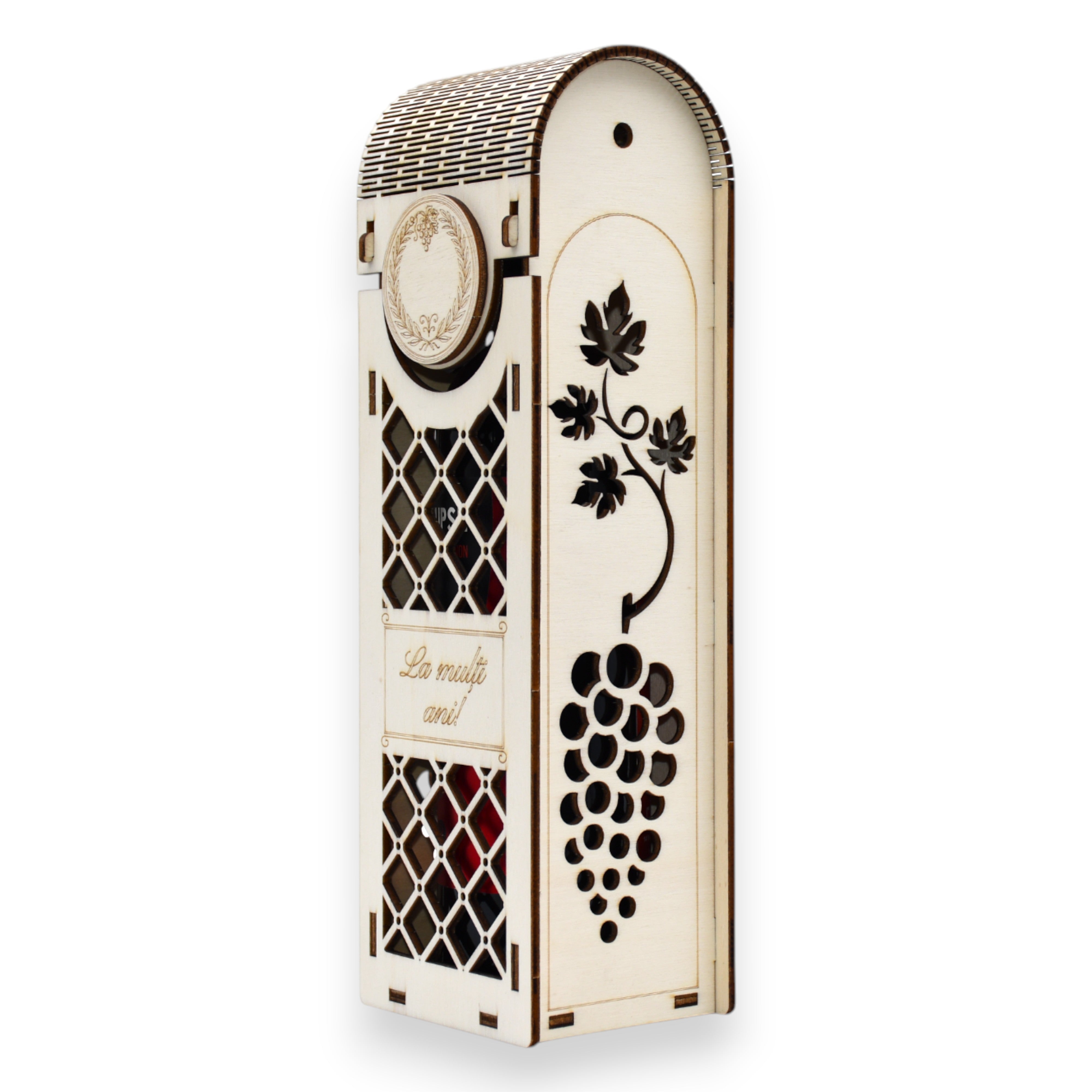 Cutie elegantă pentru vin, cu gravură „La mulți ani!” și model geometric de romburi