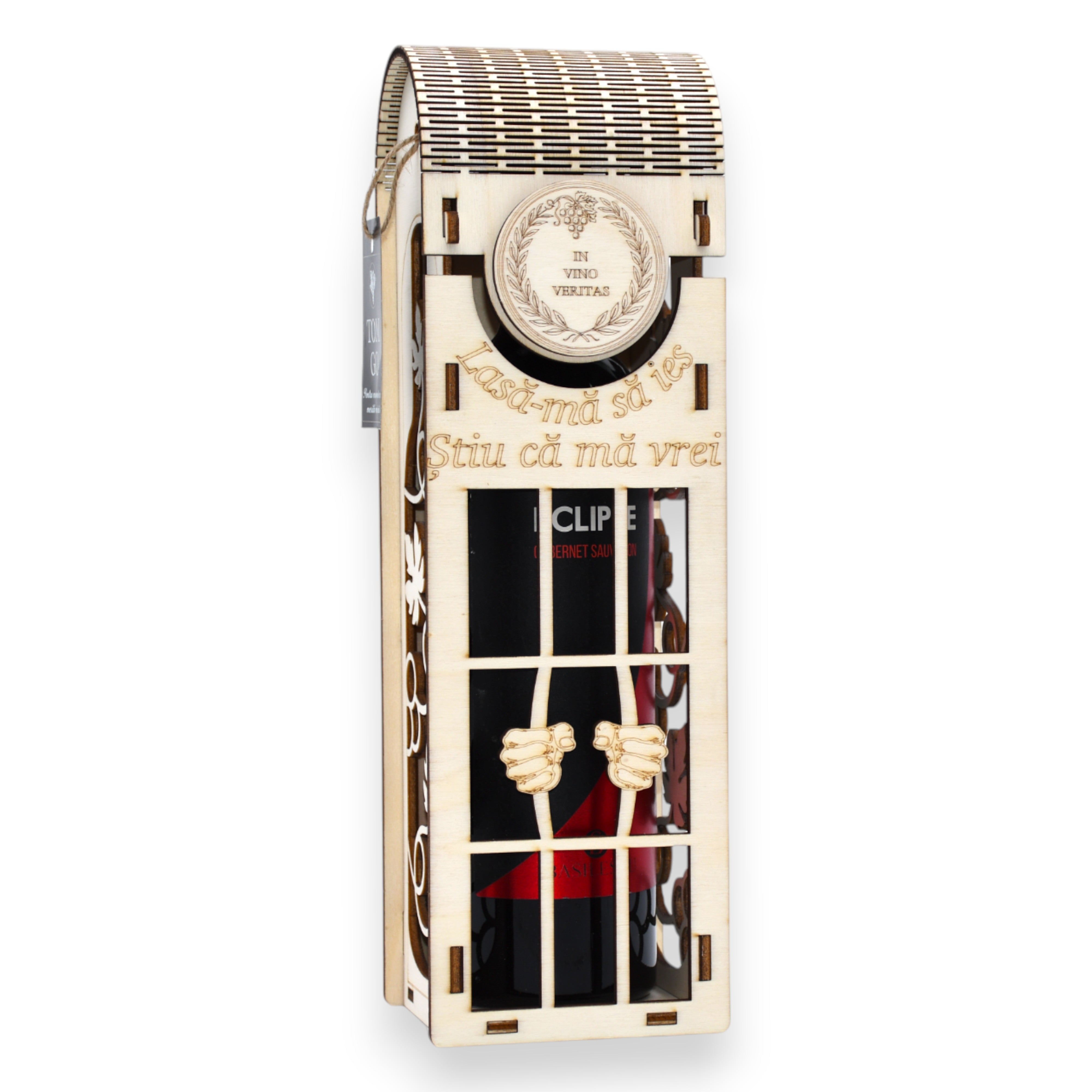 Cutie vin premium cu decupaje de viță-de-vie și mâini 3D în față, ideală pentru cadouri aniversare.