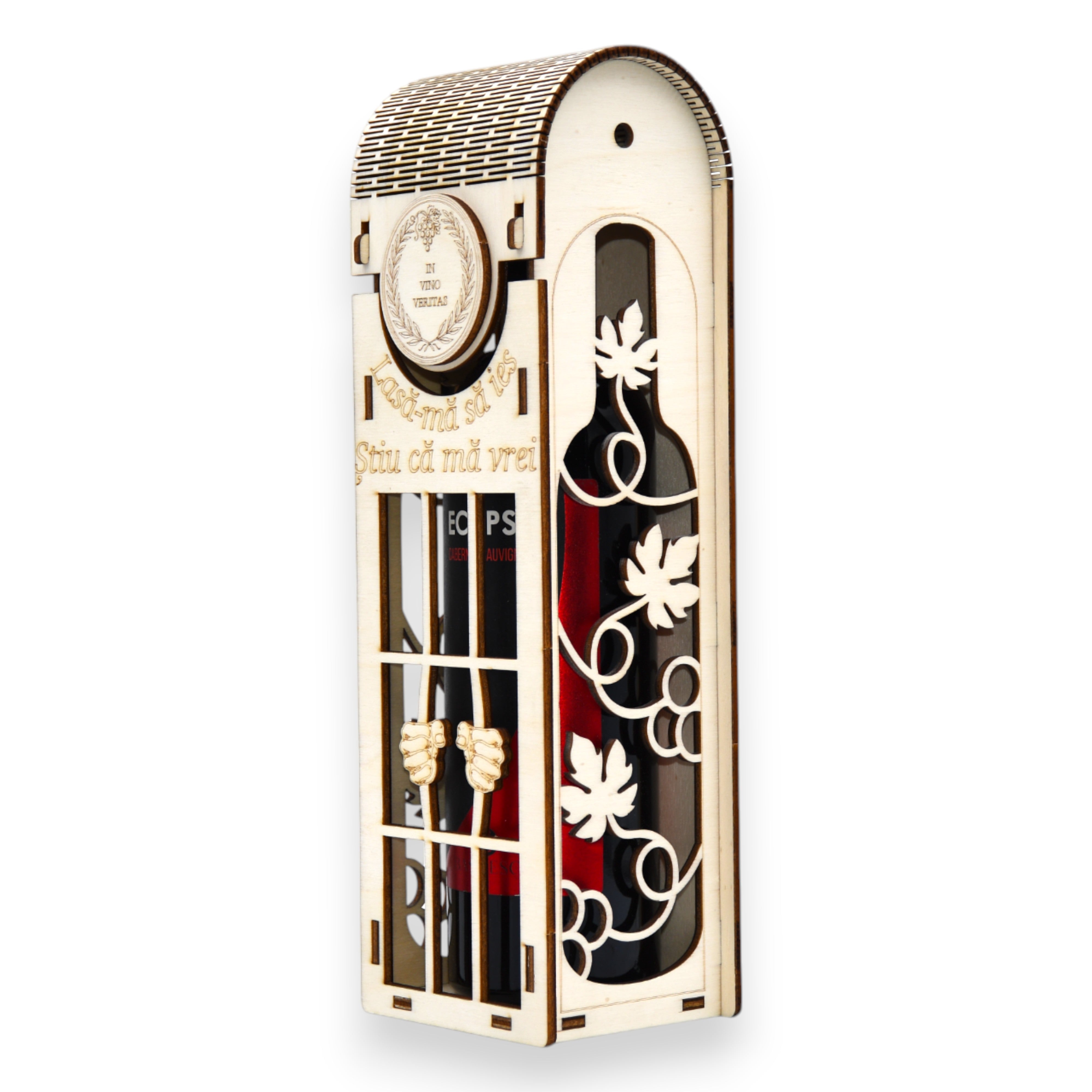 Cutie din lemn pentru vin cu model artistic de frunză și ciorchine pe laterale.