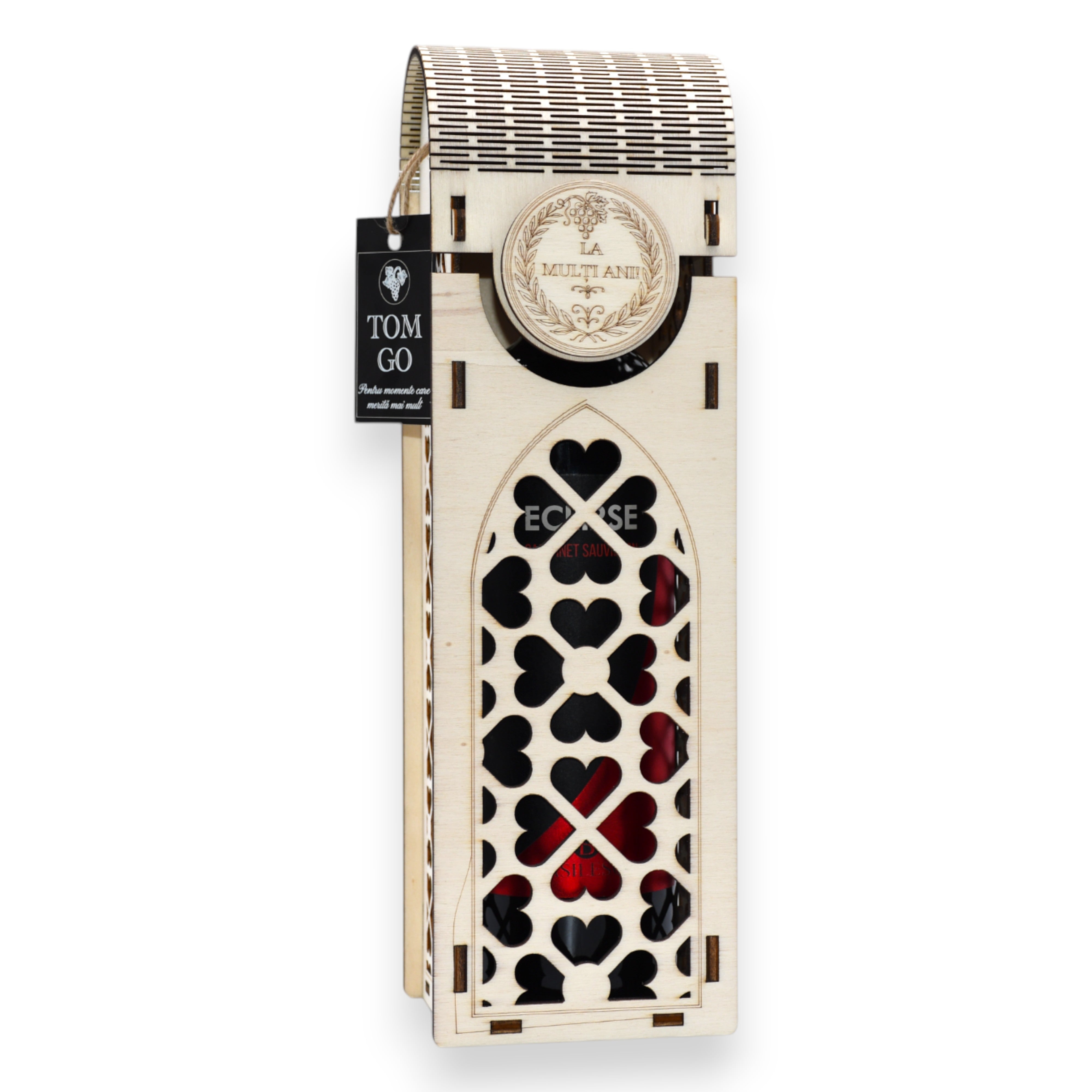 Cutie vin din lemn cu decupaje florale și mesaj „La Mulți Ani”, stil gotic, ideală pentru cadouri personalizate.