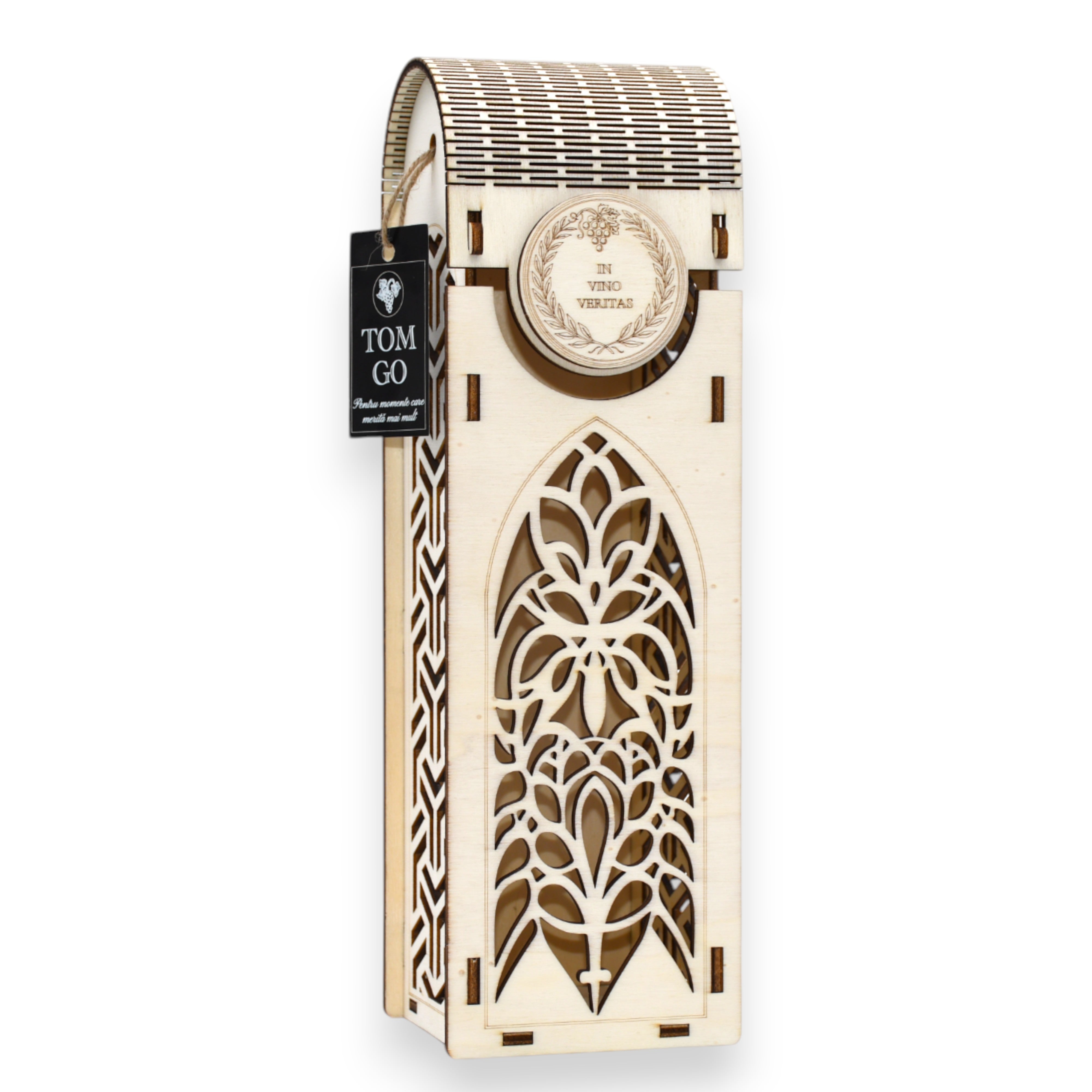 Cutie vin din lemn natural cu gravură clasică și design gotic sofisticat