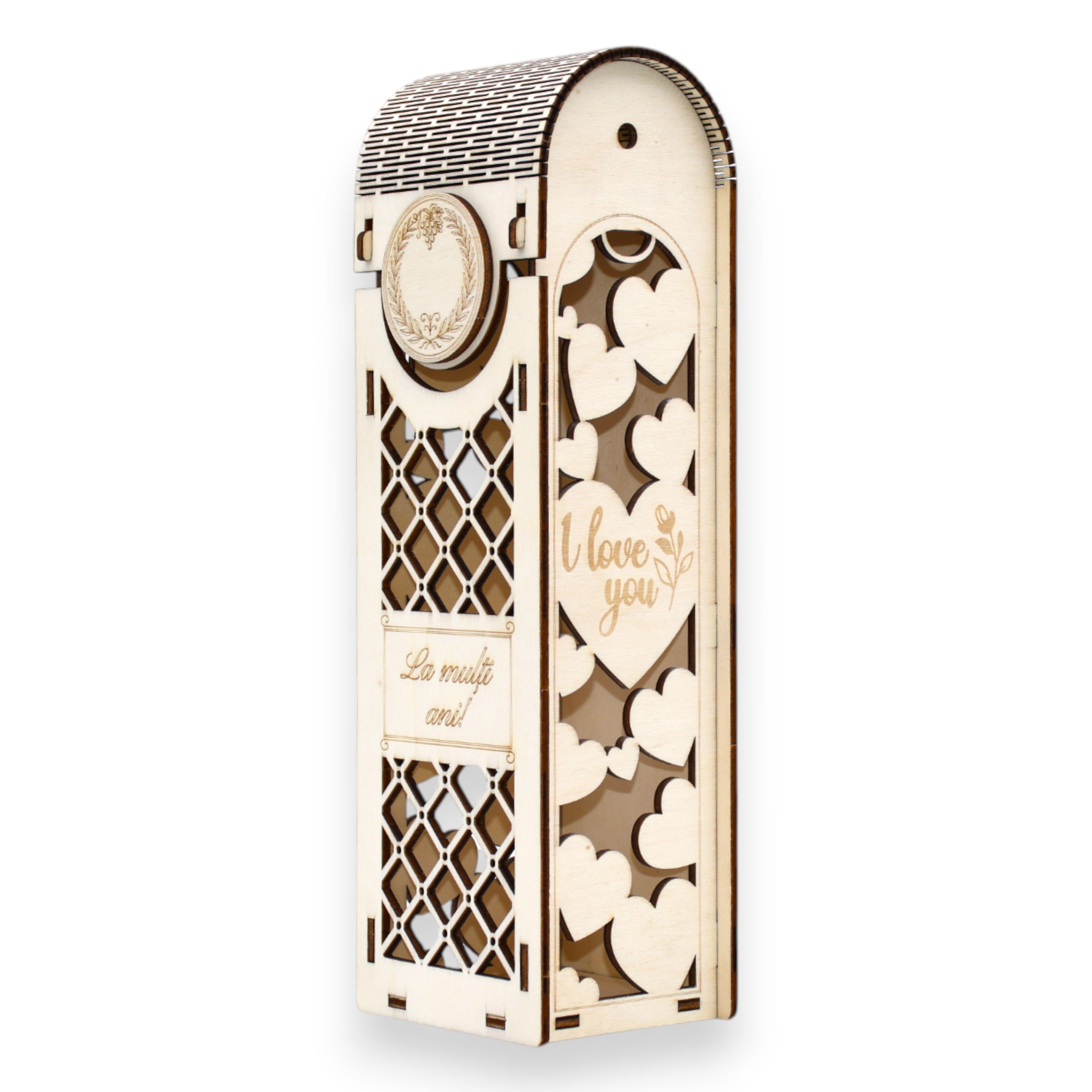 Cutie elegantă din lemn pentru vin, cu inimi și mesaj „I love you”, perfectă pentru aniversări și Ziua Îndrăgostiților.