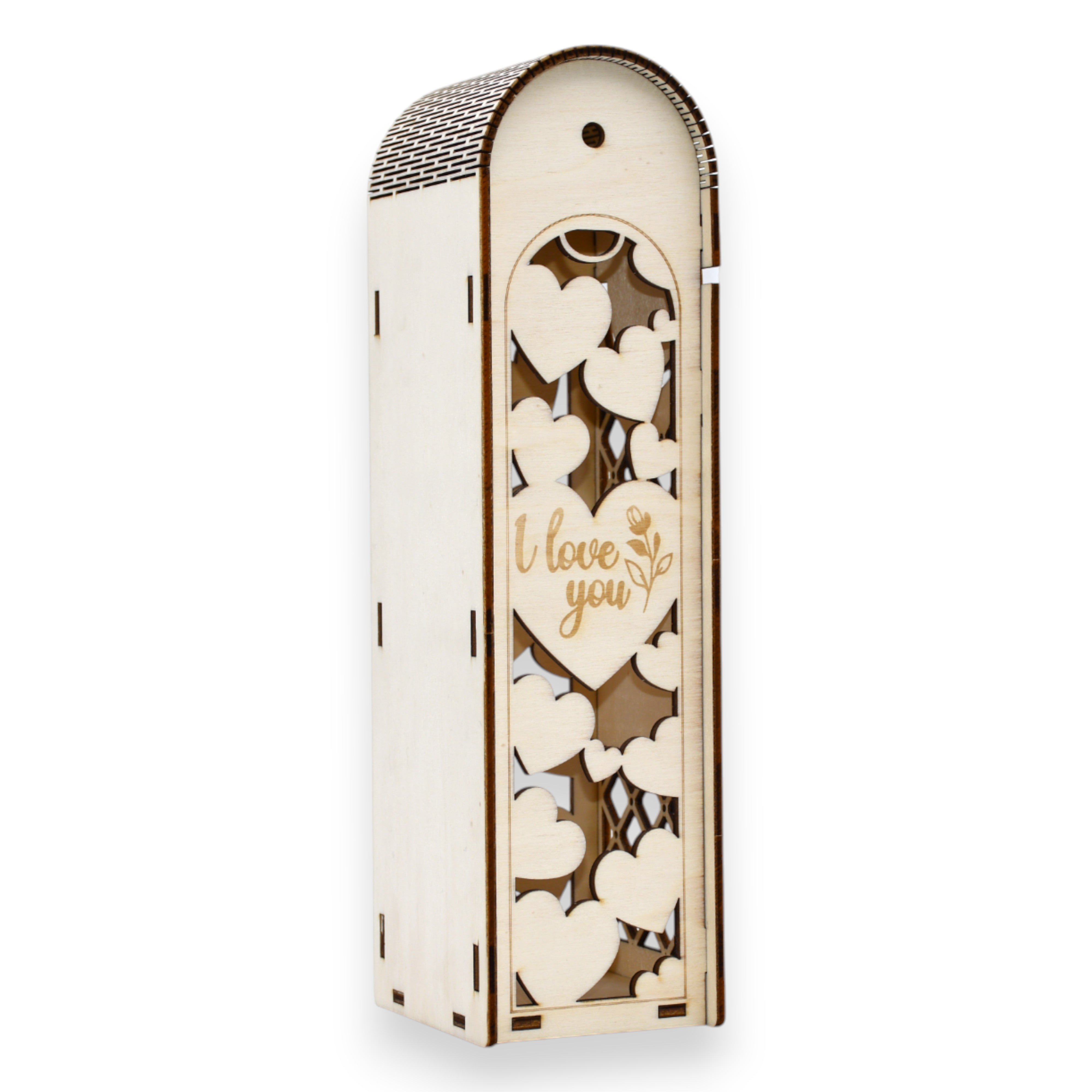 Cutie lemn gravată cu inimioare și mesaj „I love you”, cadou romantic personalizabil pentru ocazii speciale.