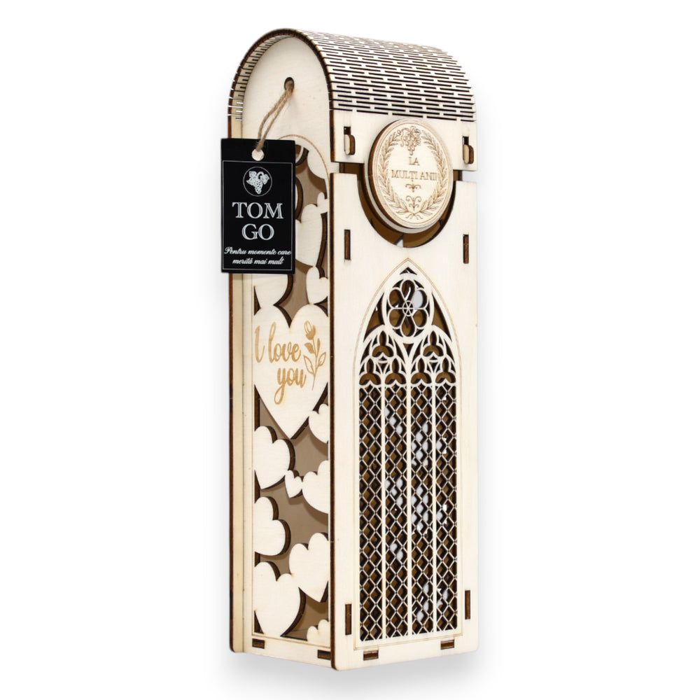 Ambalaj premium din lemn „La Mulți Ani” cu design romantic și vitraliu decorativ