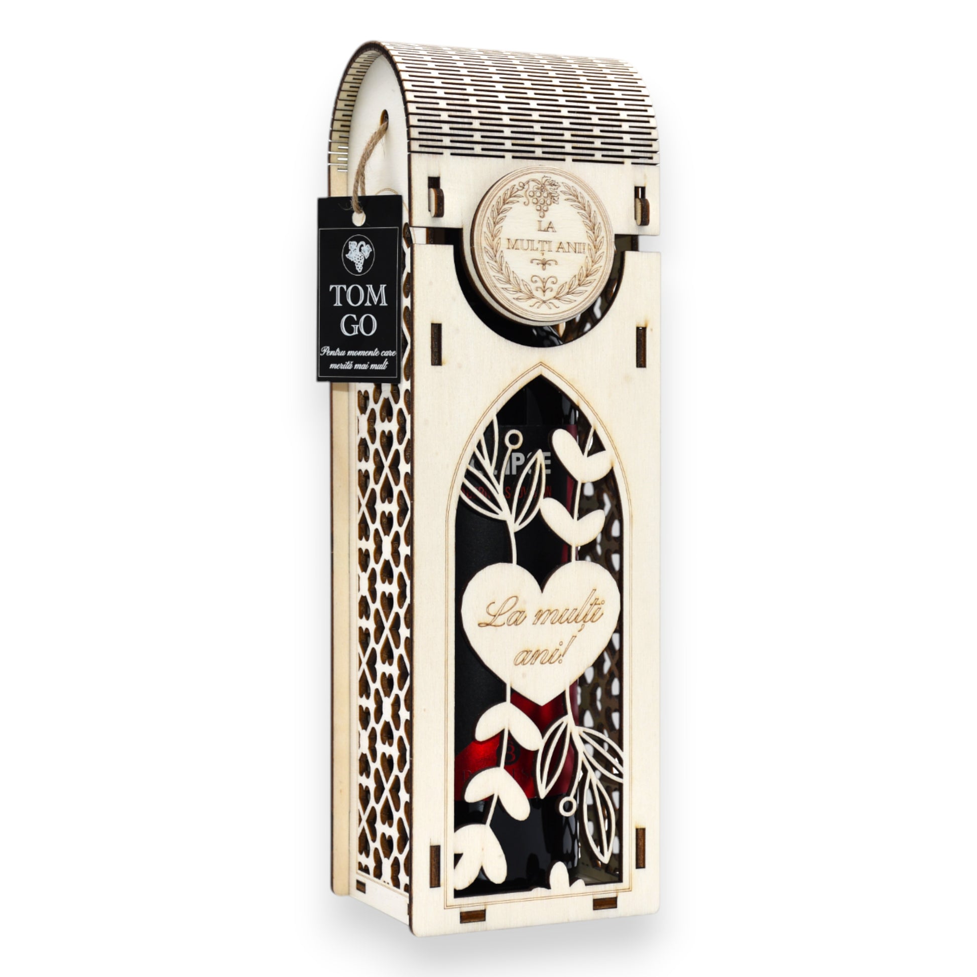 Cutie vin personalizată din lemn, gravură „La mulți ani” cu motive florale, vedere oblică elegantă