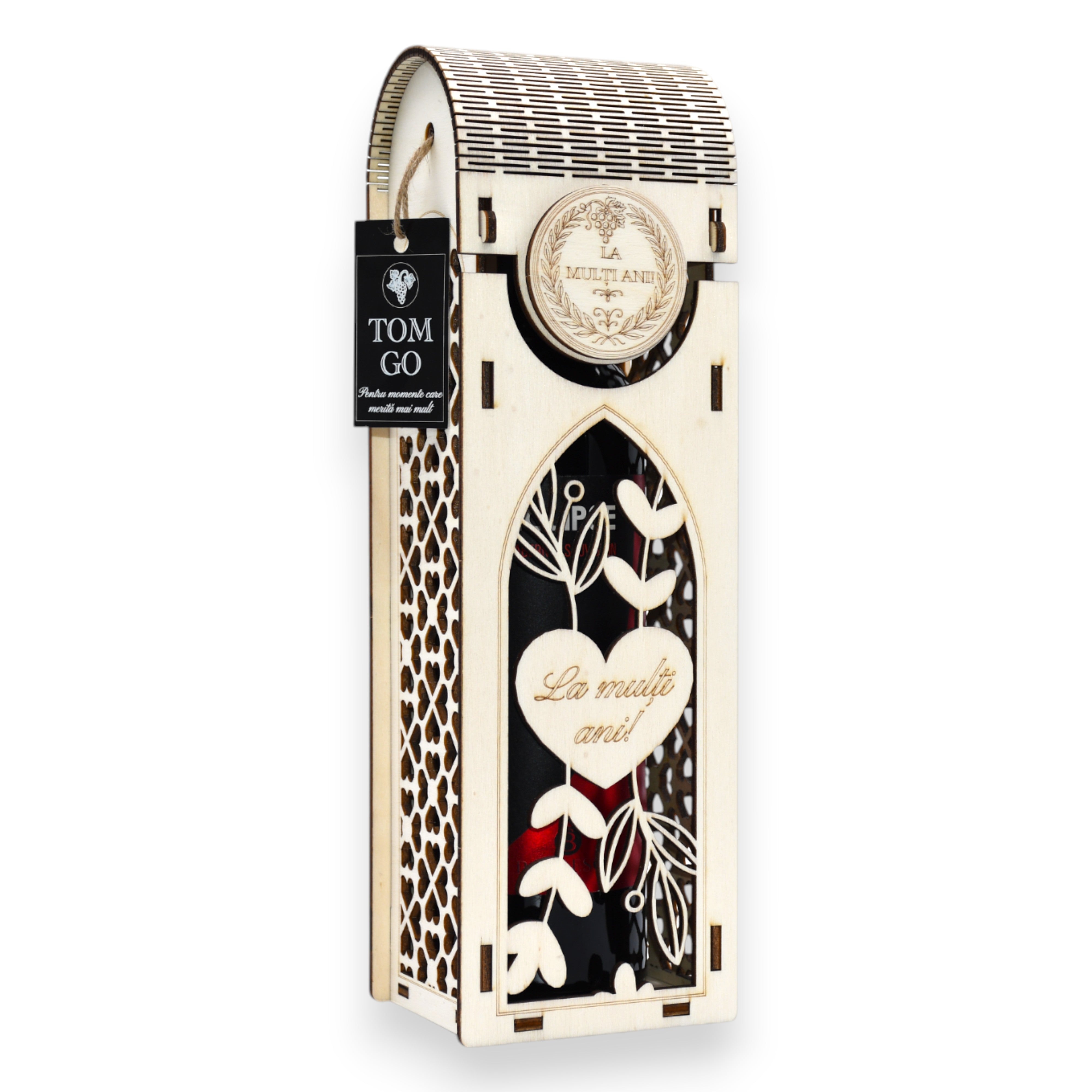 Cutie vin personalizată din lemn, gravură „La mulți ani” cu motive florale, vedere oblică elegantă