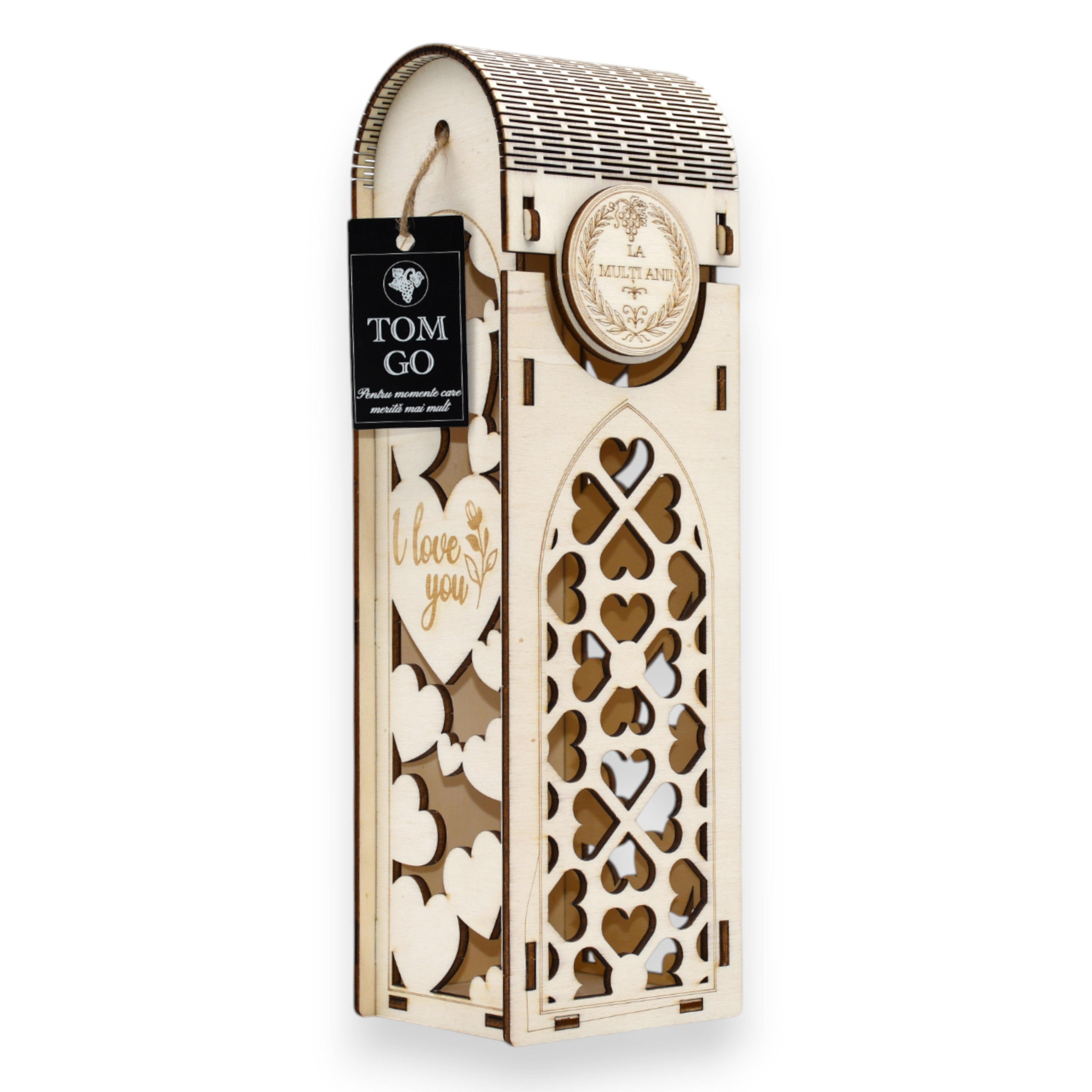 Cutie vin “La mulți ani!” - trifoi & inimi “I love you”