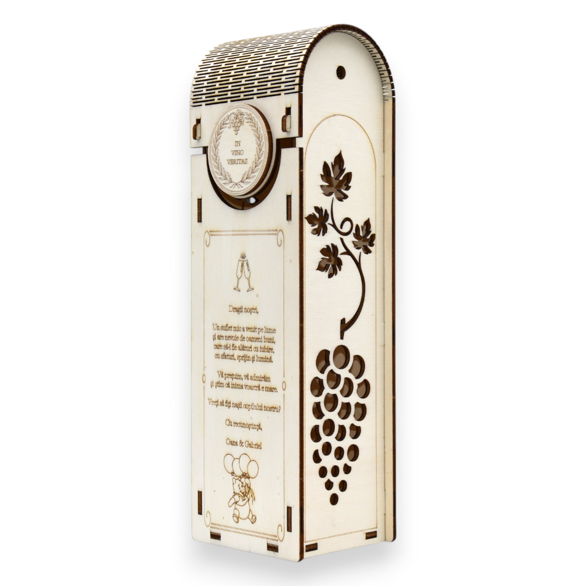 Cutie vin din lemn cu decupaj artistic în formă de ciorchine de strugure, design rustic elegant, ideală pentru cadou personalizat